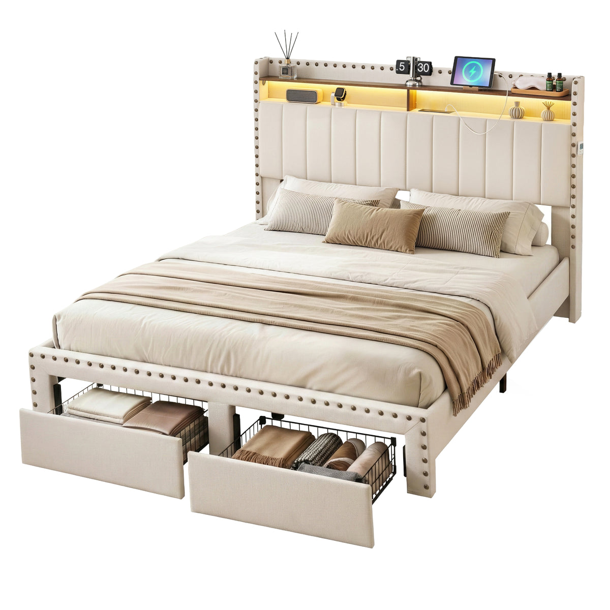Artiss Queen Upholstered Bed Frame with Shelf Storage Drawers Charging Station Mood Lighting Linen