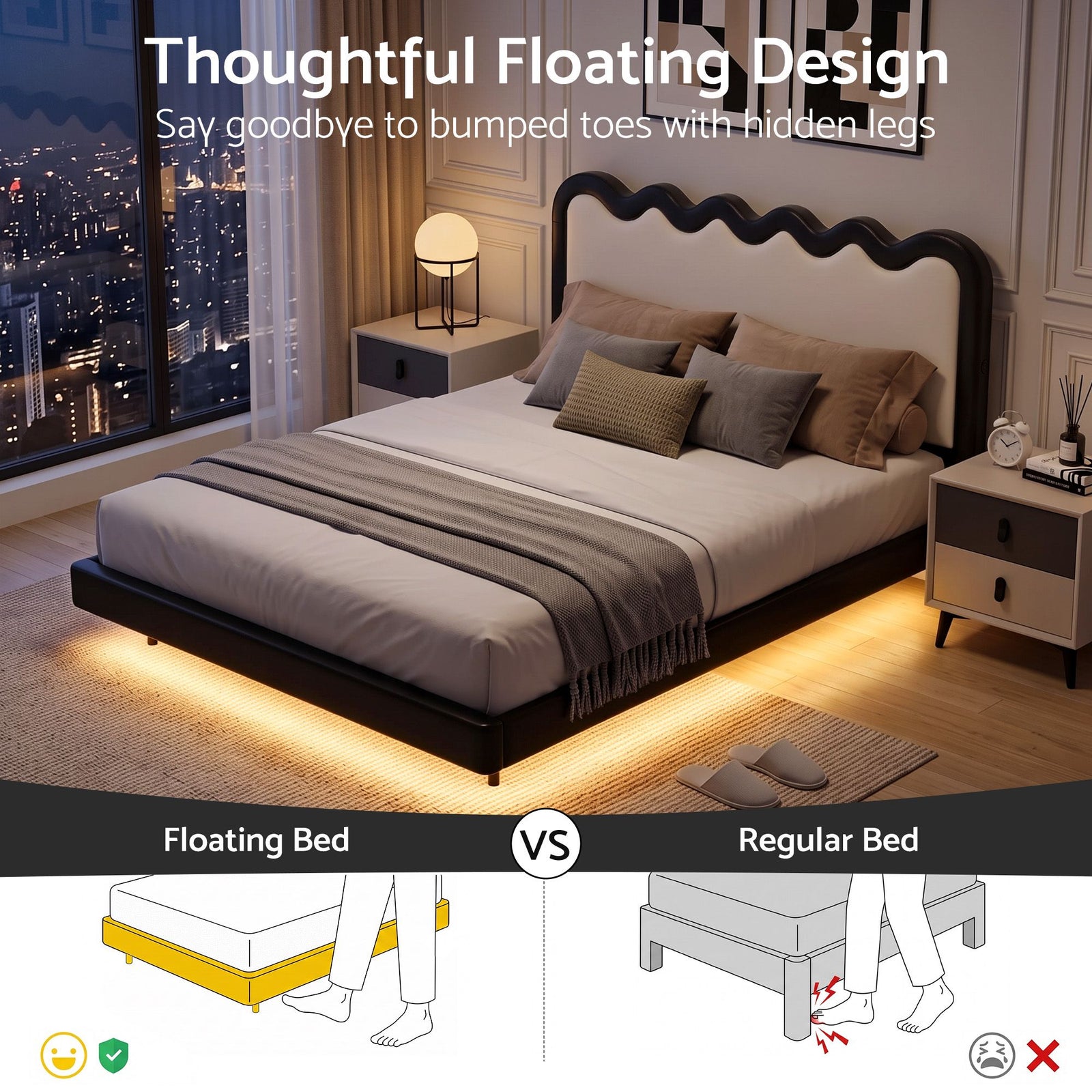 Artiss Queen Bed Frame, Floating Design with RGB LED and USB Charging