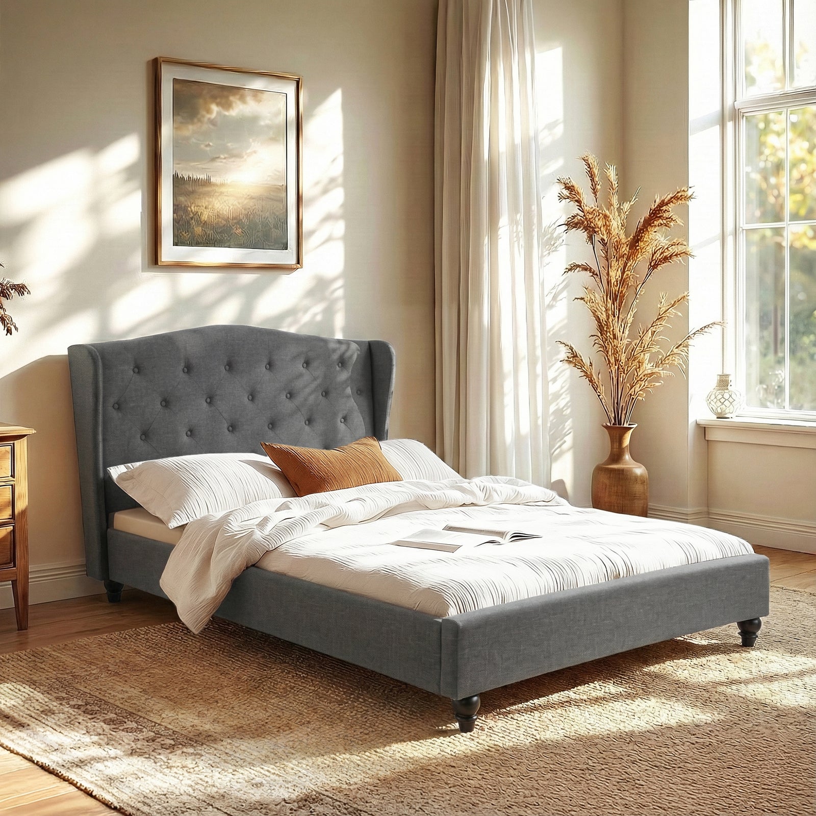 Artiss Double Bed Frame with Wingback Headboard Grey Linen Upholstered Platform Bed Base
