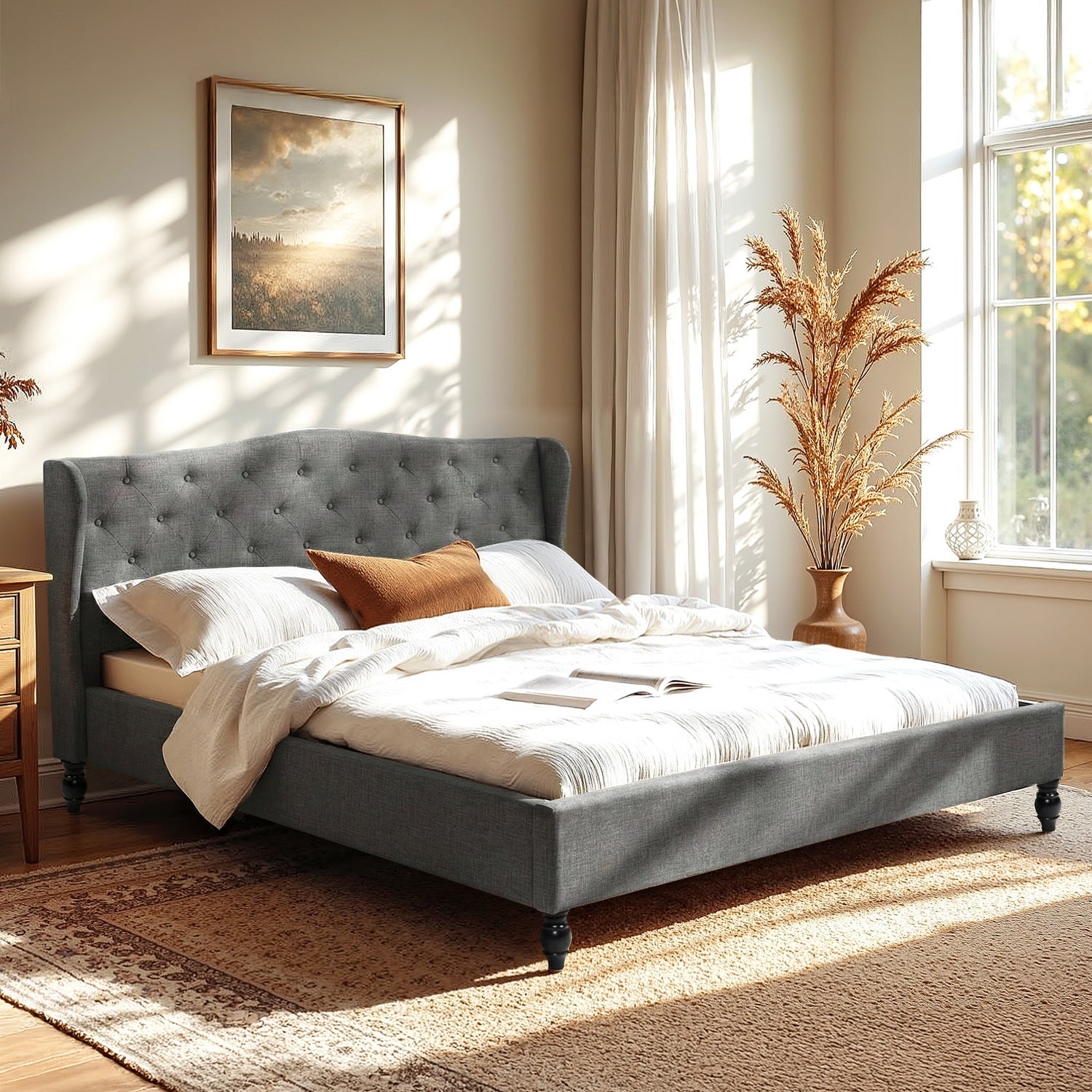 Artiss King Bed Frame with Wingback Headboard Grey Linen Upholstered Platform Bed Base