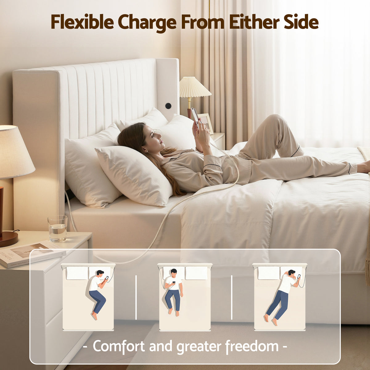 Artiss Double Bed Frame with Gaslift Storage USB Type-C Charging Ports Velvet Upholstery White