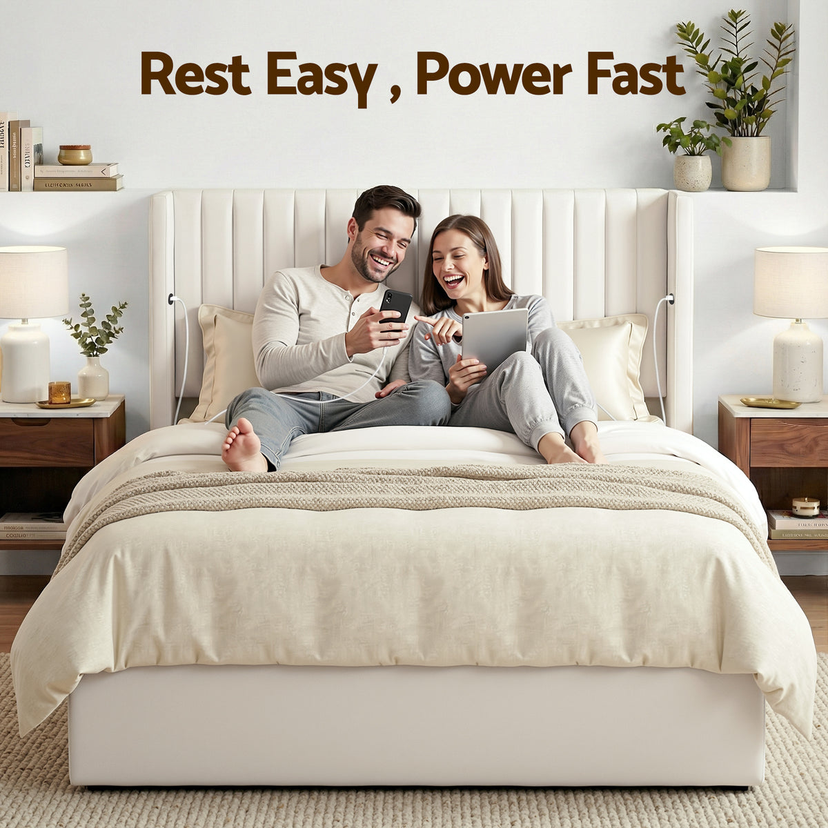 Artiss Double Bed Frame with Gaslift Storage USB Type-C Charging Ports Velvet Upholstery White