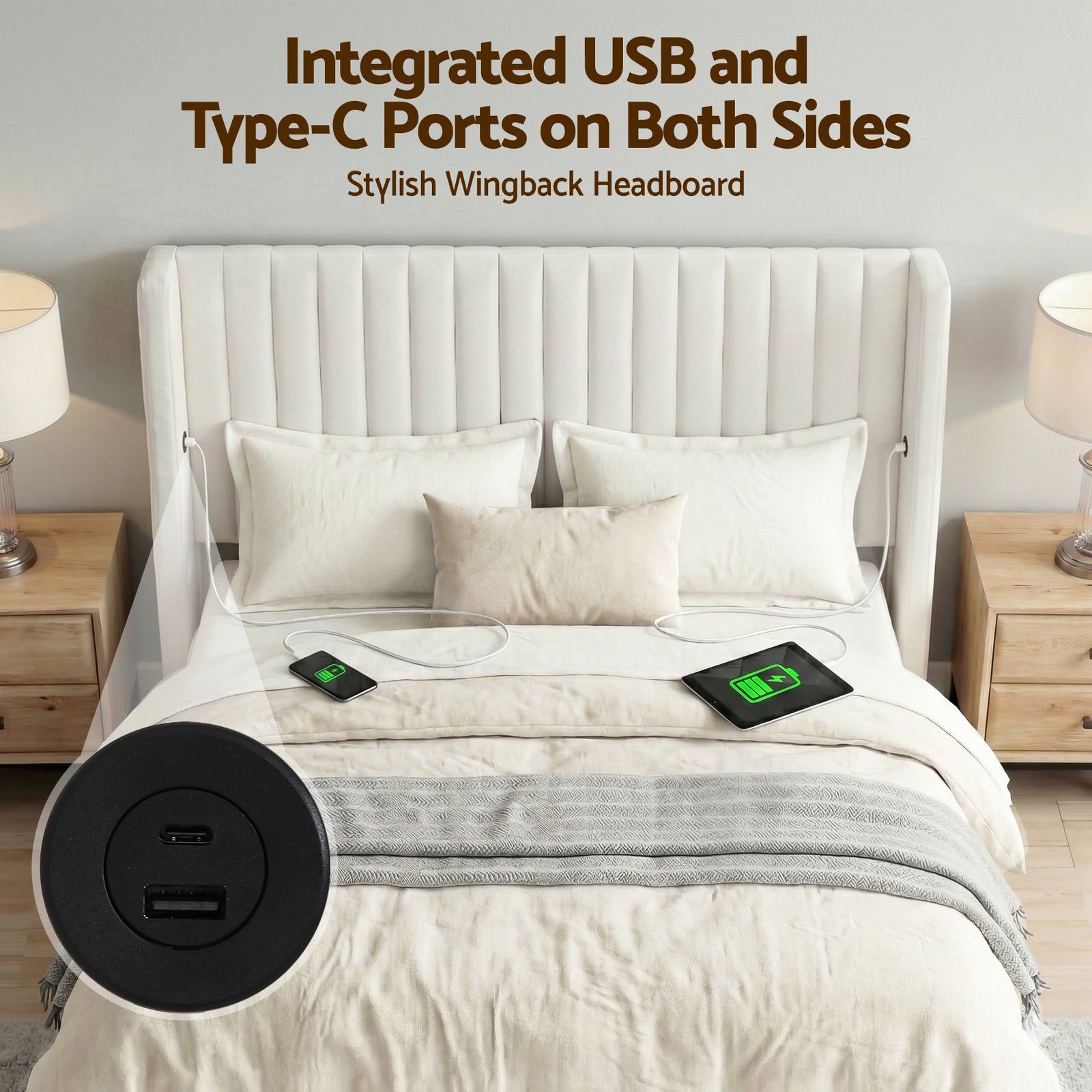 Artiss Double Bed Frame with Gaslift Storage USB Type-C Charging Ports Velvet Upholstery White