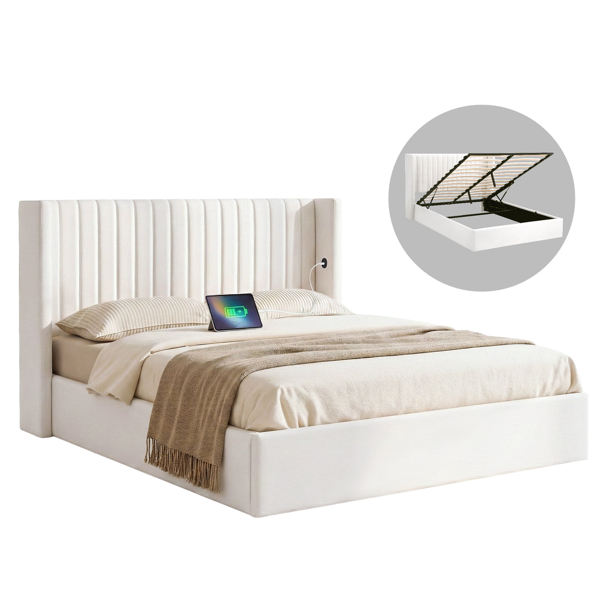 Artiss Double Bed Frame with Gaslift Storage USB Type-C Charging Ports Velvet Upholstery White