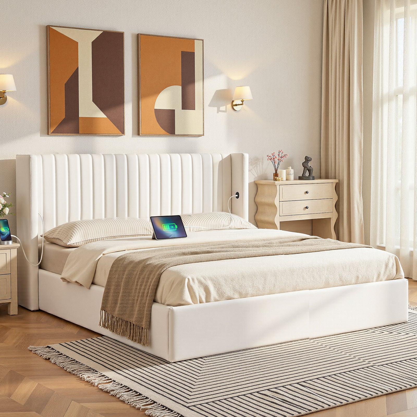 Artiss King Bed Frame with Gaslift Storage USB Type-C Charging Ports Velvet Upholstery White