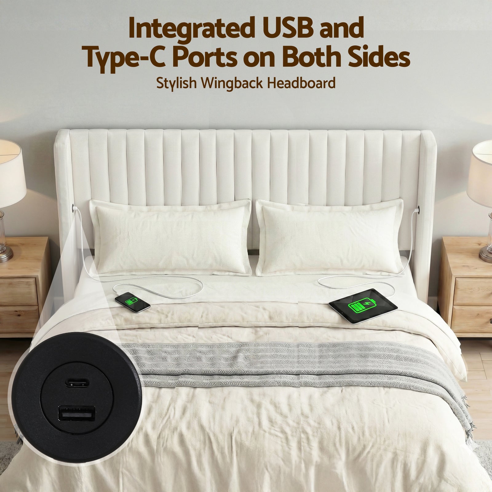 Artiss King Bed Frame with Gaslift Storage USB Type-C Charging Ports Velvet Upholstery White