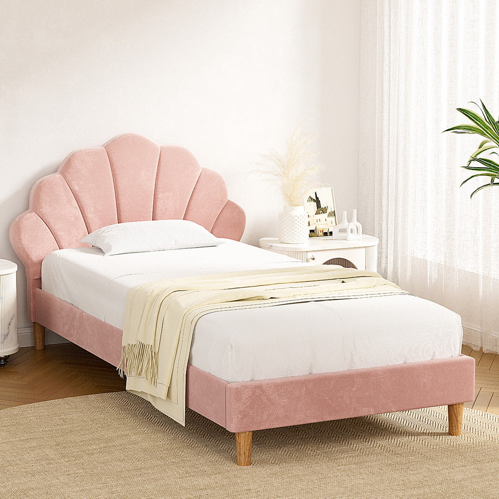 Artiss Bed Frame King Single Size Scallop-Shape Bedhead Beds Base Pink Velvet Fabric