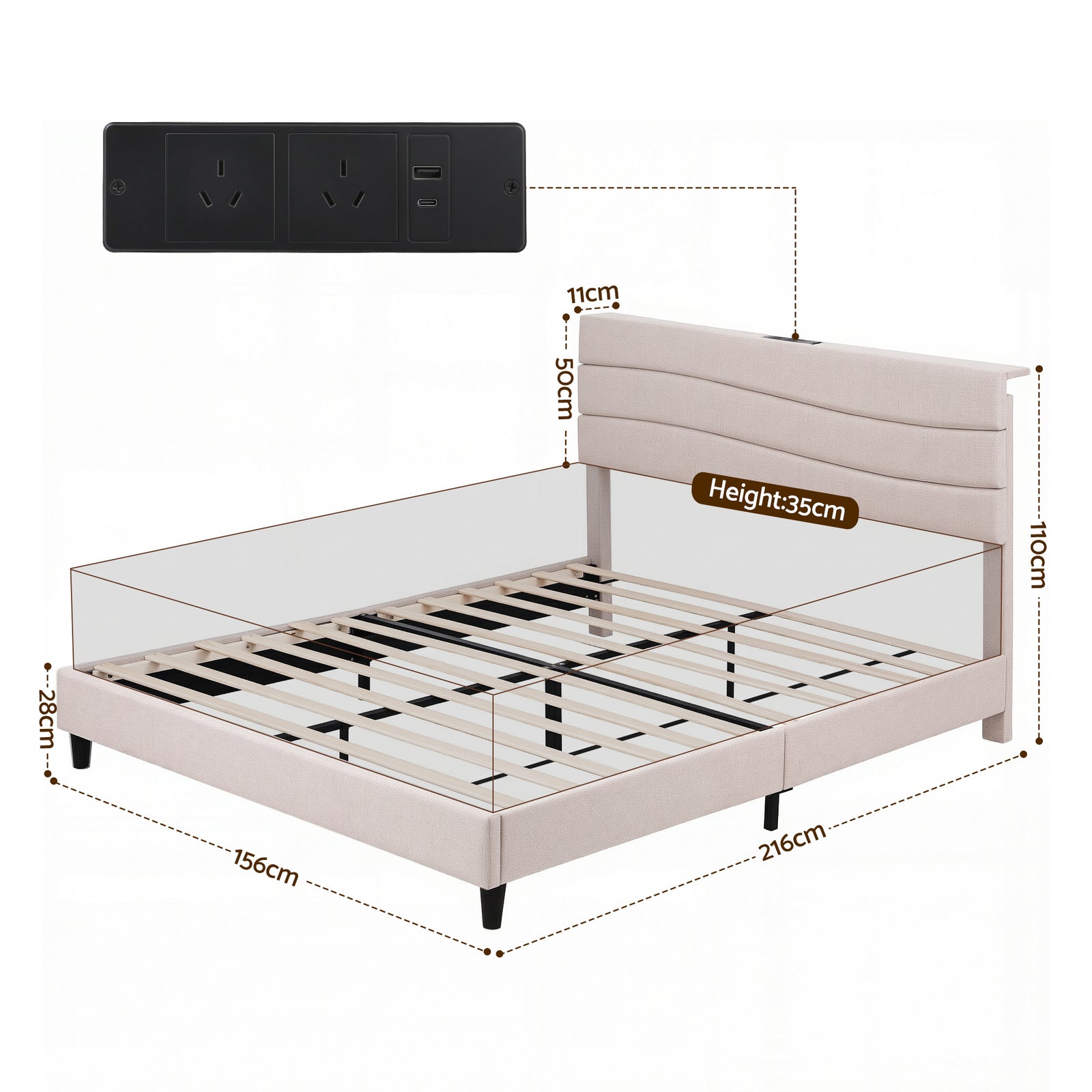 Artiss Queen Bed Frame with Storage Adjustable Headboard Platform Base Linen Fabric Charging Ports