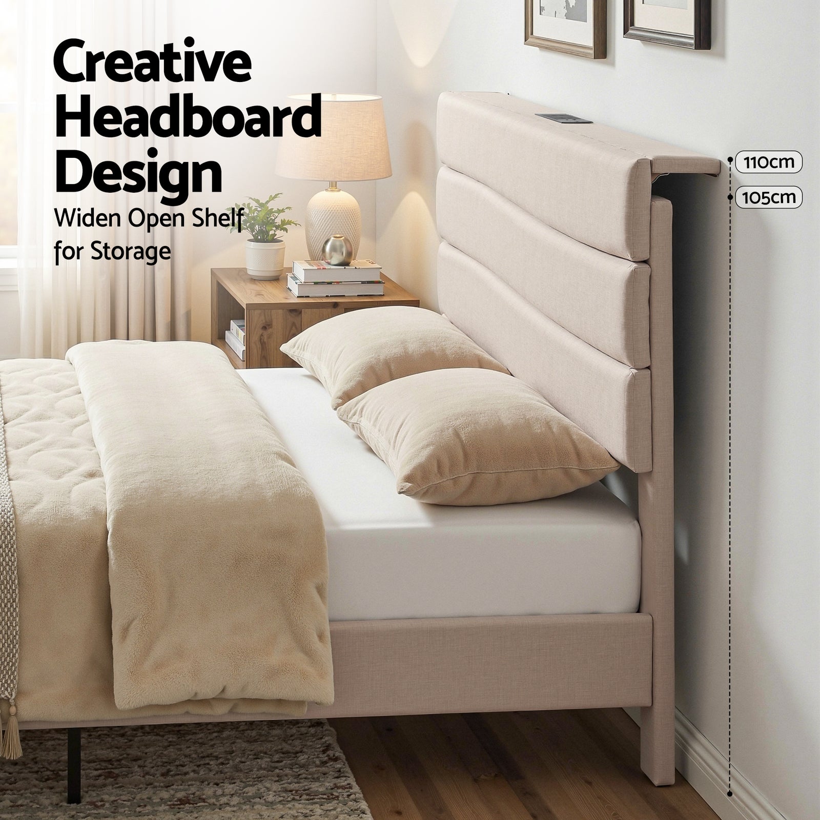 Artiss Queen Bed Frame with Storage Adjustable Headboard Platform Base Linen Fabric Charging Ports