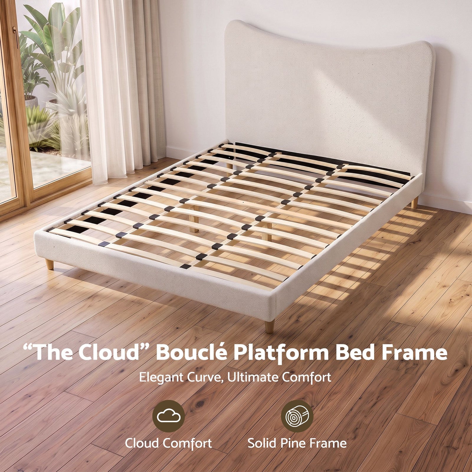 Artiss King Bed Frame with Boucle Headboard, Beige, 300kg Capacity