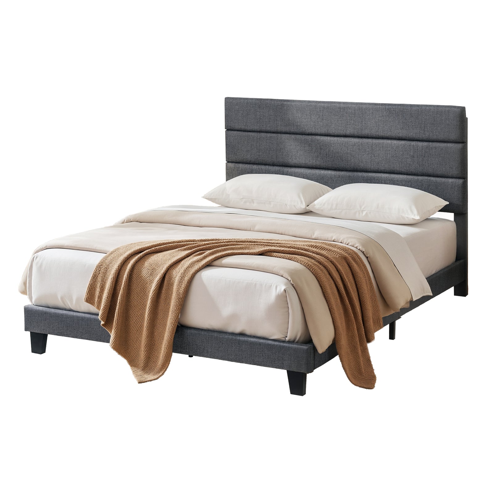 Artiss Double Bed Frame Upholstered Platform Base with Geometric Headboard Charcoal Grey Linen Wood Slats for Modern Bedroom Furniture Home Decor