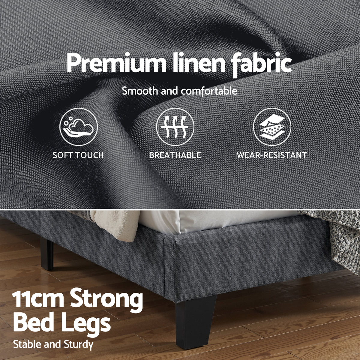 Artiss Queen Bed Frame Upholstered Platform Base with Geometric Headboard Charcoal Grey Linen Wood Slats for Modern Bedroom Furniture Home Decor