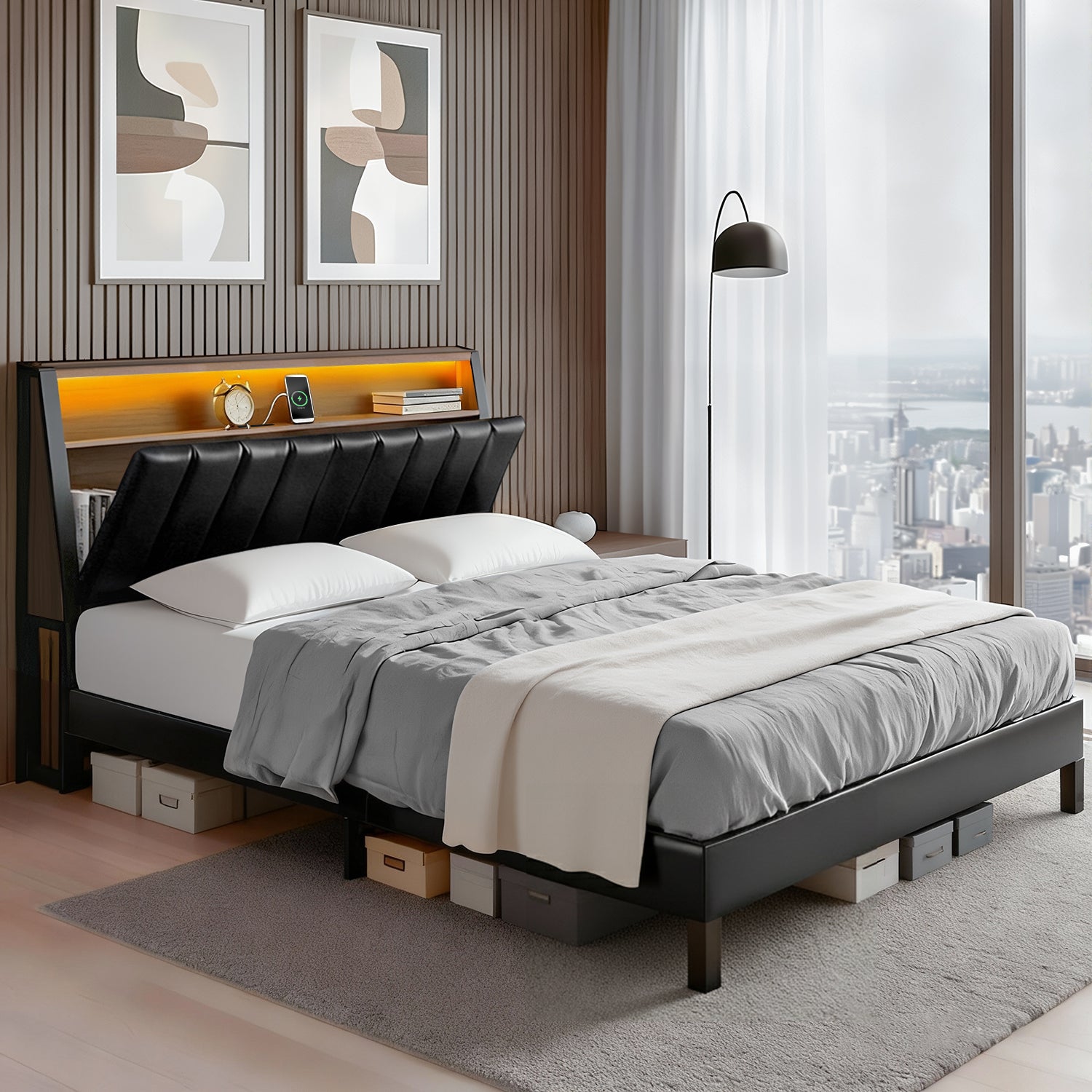 Artiss Double Bed Frame LED Storage Headboard with Charging Station Black