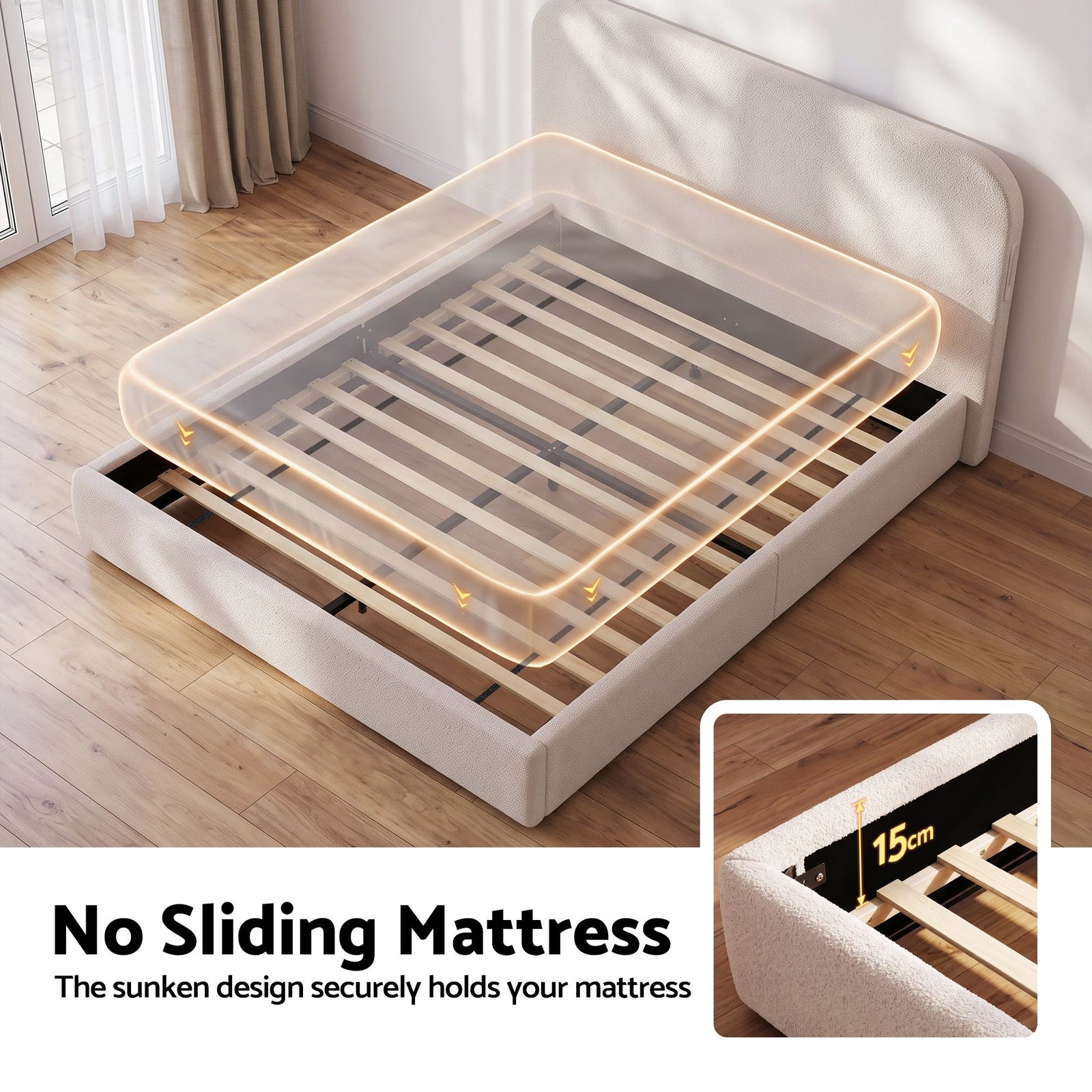 Artiss Double Bed Frame with 100cm Bouclé Headboard, USB-C & Night Lights