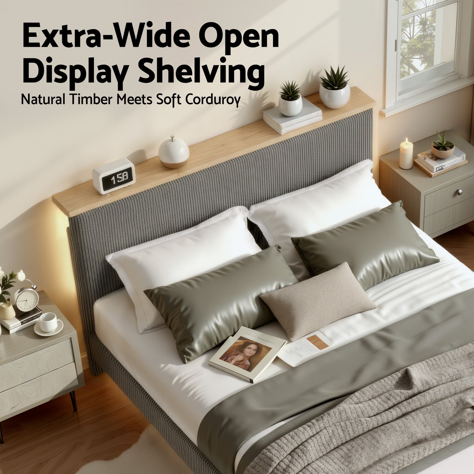 Artiss Double Bed Frame Upholstered Adjustable Headboard Mood Lighting Heavy Duty Grey Velvet