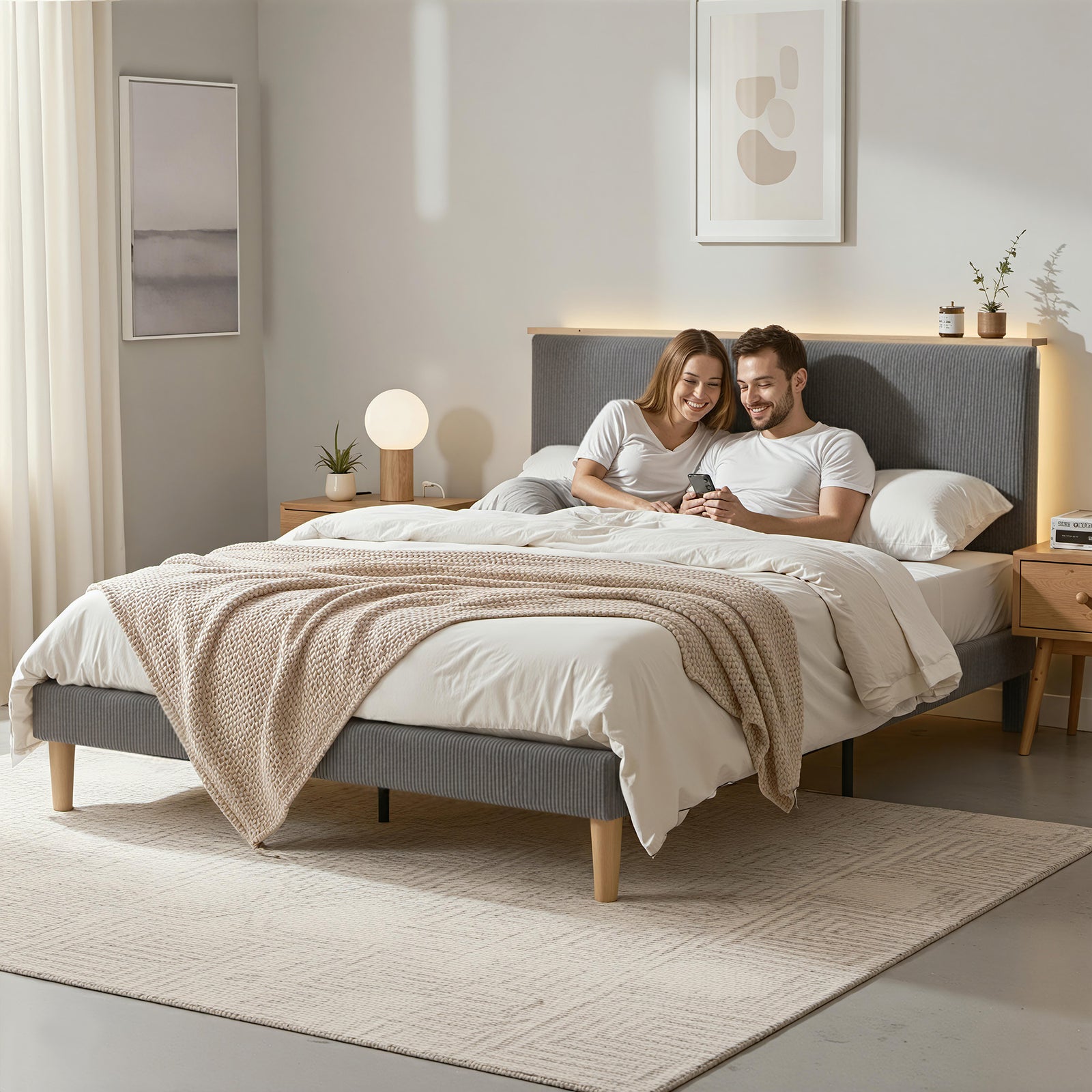 Artiss Double Bed Frame Upholstered Adjustable Headboard Mood Lighting Heavy Duty Grey Velvet