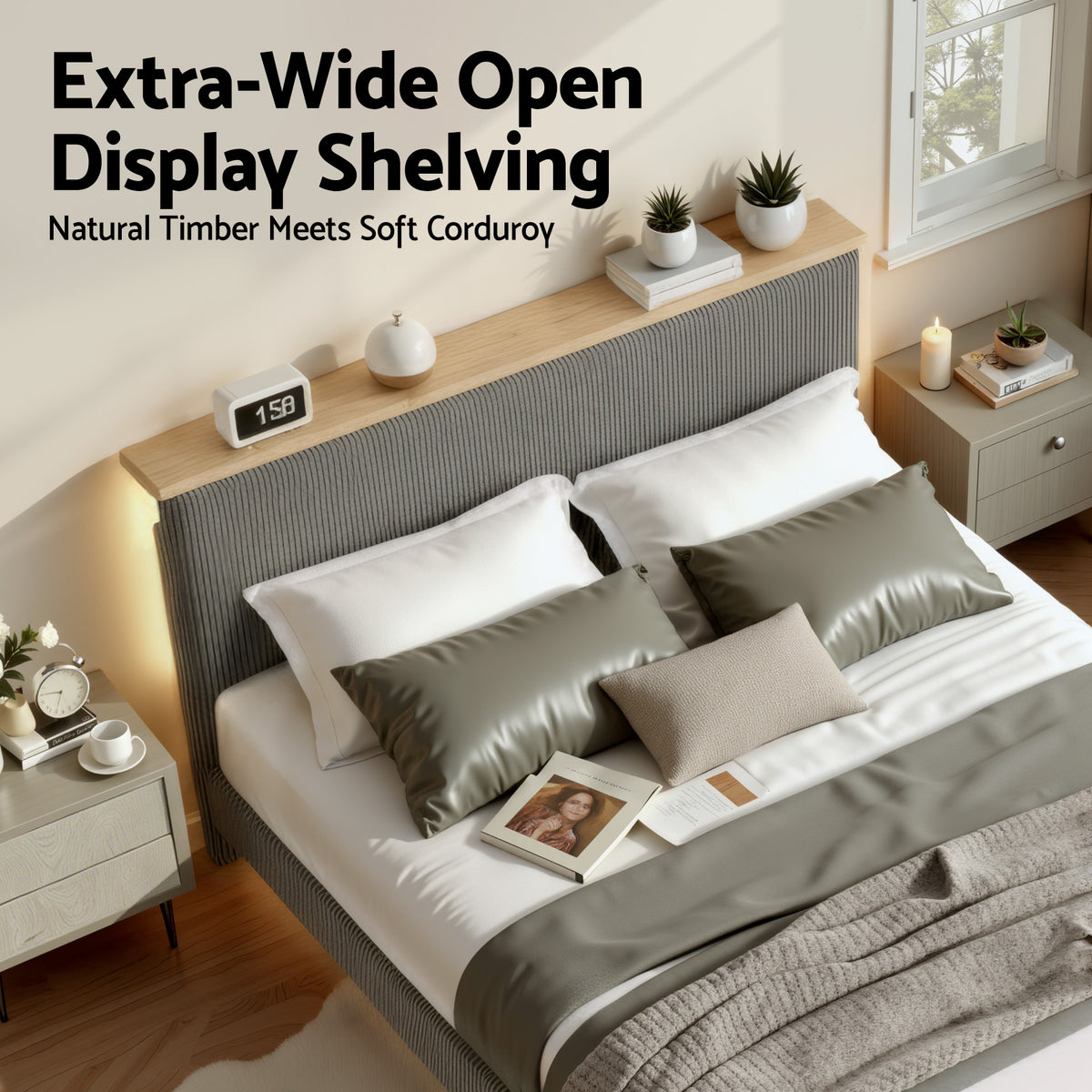 Artiss Queen Bed Frame Upholstered Adjustable Headboard Mood Lighting Heavy Duty Grey Velvet