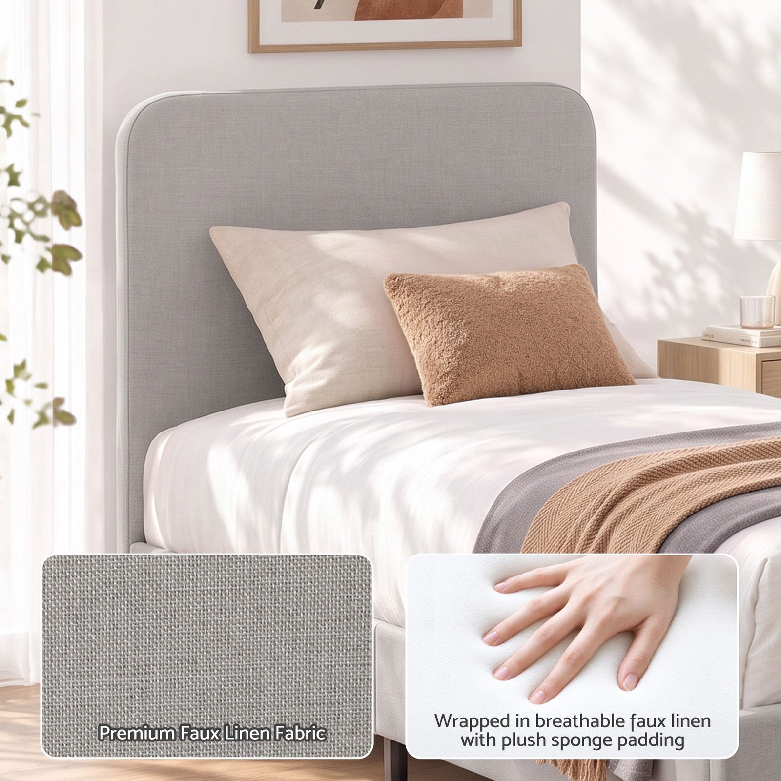 Artiss Single Bed Frame with Headboard, Faux Linen Fabric Grey