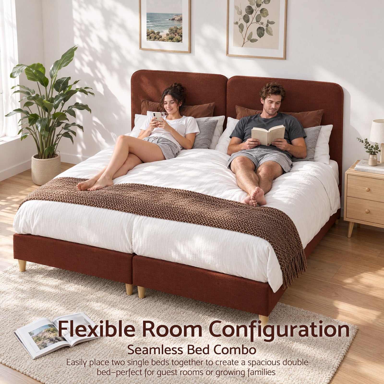 Artiss Single Bed Frame with Headboard, Faux Linen Fabric Brown