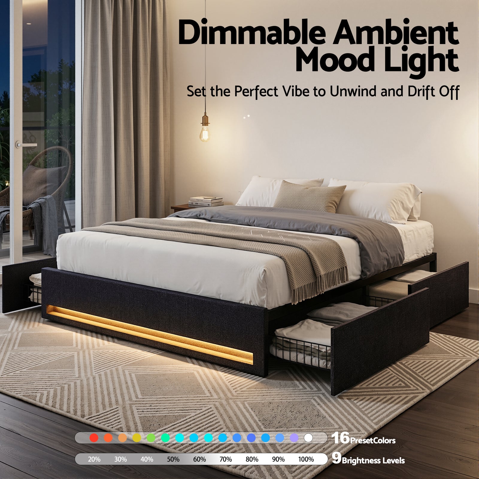 Artiss Queen Bed Frame with Storage Drawers RGB Lights Charging Station Upholstered Fabric