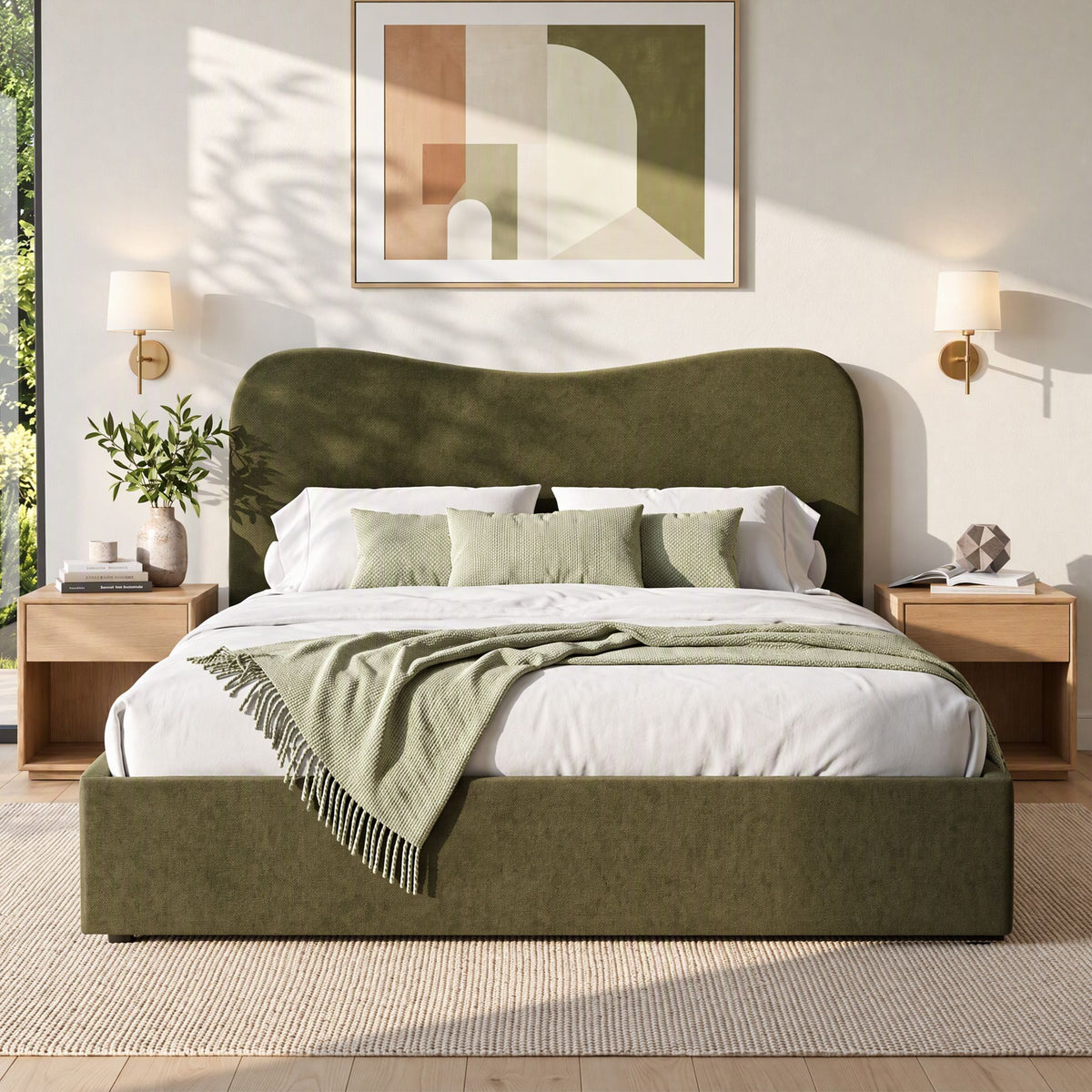 Artiss Double Bed Frame with Storage Drawer, Chenille Curved Headboard
