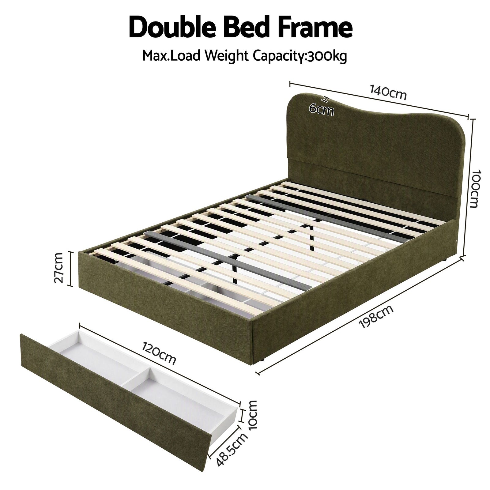 Artiss Double Bed Frame with Storage Drawer, Chenille Curved Headboard