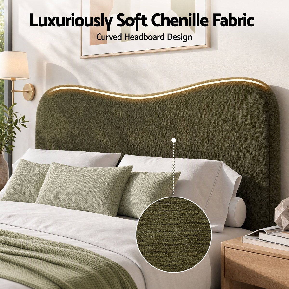 Artiss Double Bed Frame with Storage Drawer, Chenille Curved Headboard