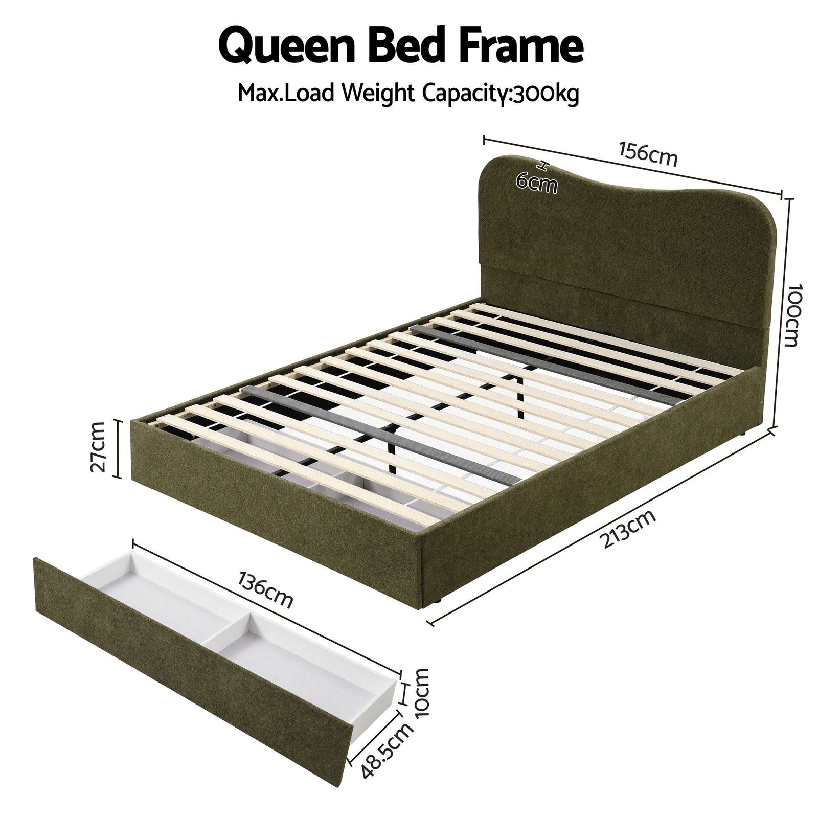 Artiss Queen Bed Frame with Storage Drawer, Chenille Curved Headboard