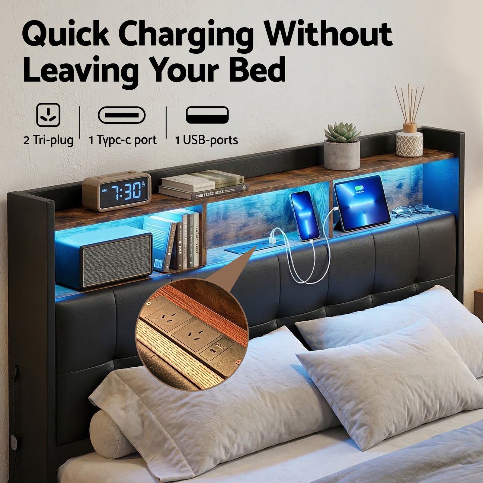 Artiss Queen Bed Frame with Gas Lift Storage LED Lights Charging Station Headboard with Open Shelf