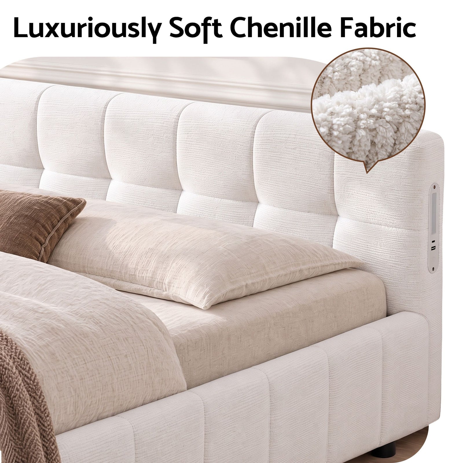 Artiss Double Bed Frame with Charging, LED Lights & Tufted Headboard