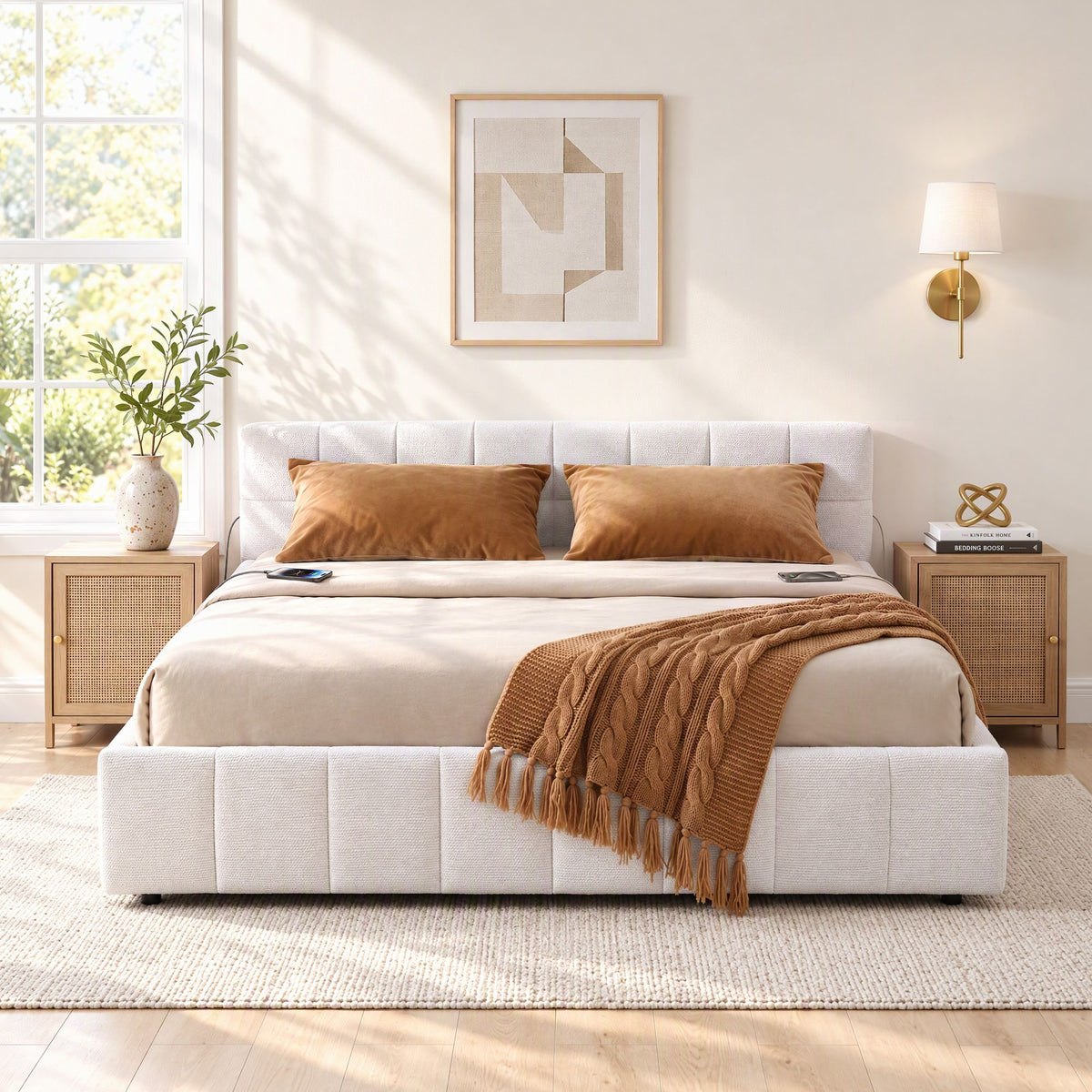 Artiss Queen Bed Frame with Charging, LED Lights &amp; Tufted Headboard