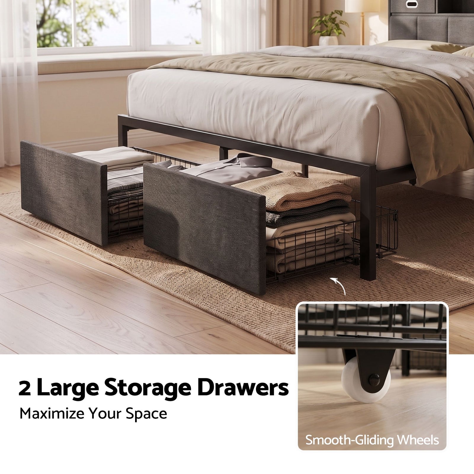 Artiss Double Bed Frame with 2 Storage Drawers & Headboard, USB Charging Station, RGB LED Light