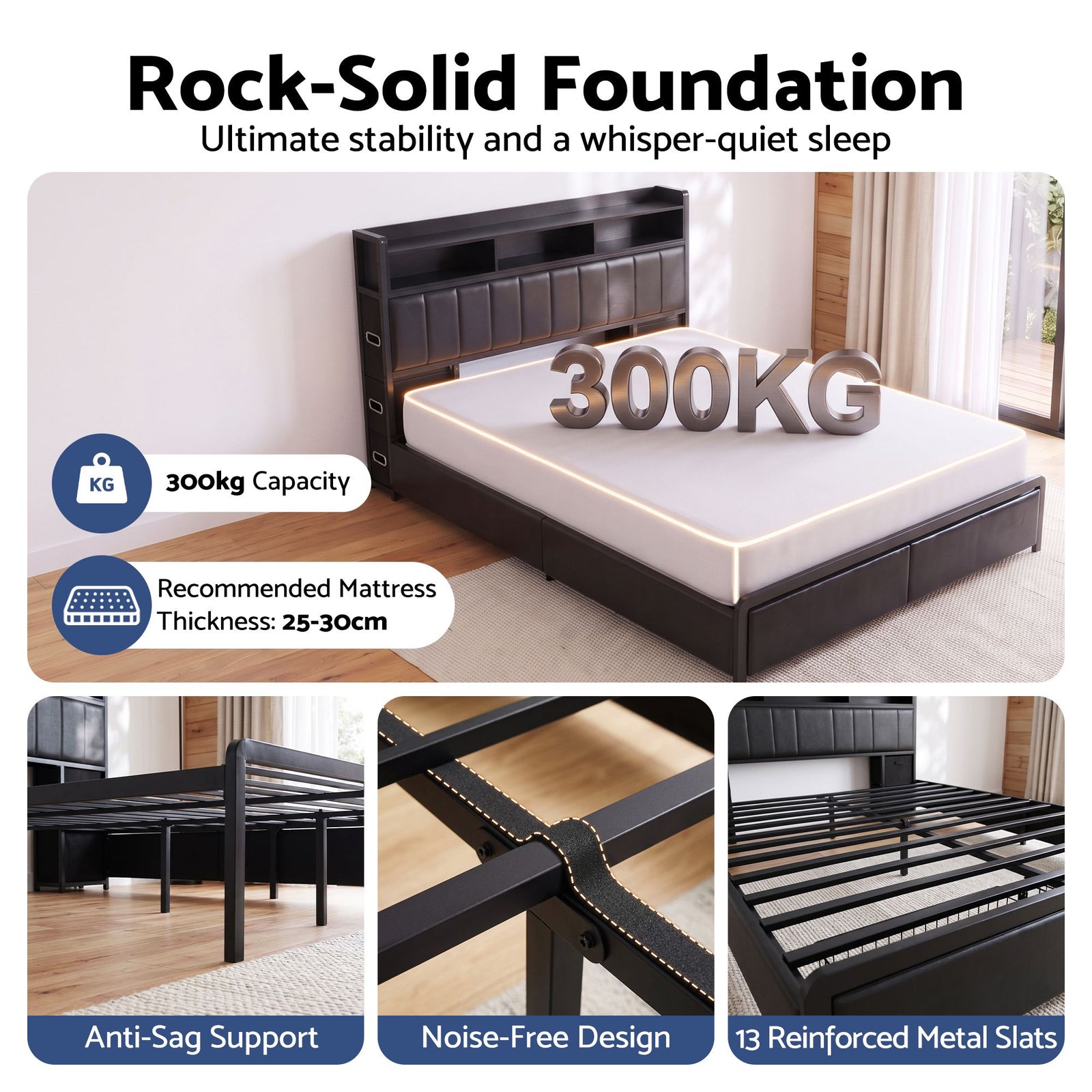 Artiss Queen Bed Frame with Storage Headboard, 2 Drawers, Charging Station& LED Light
