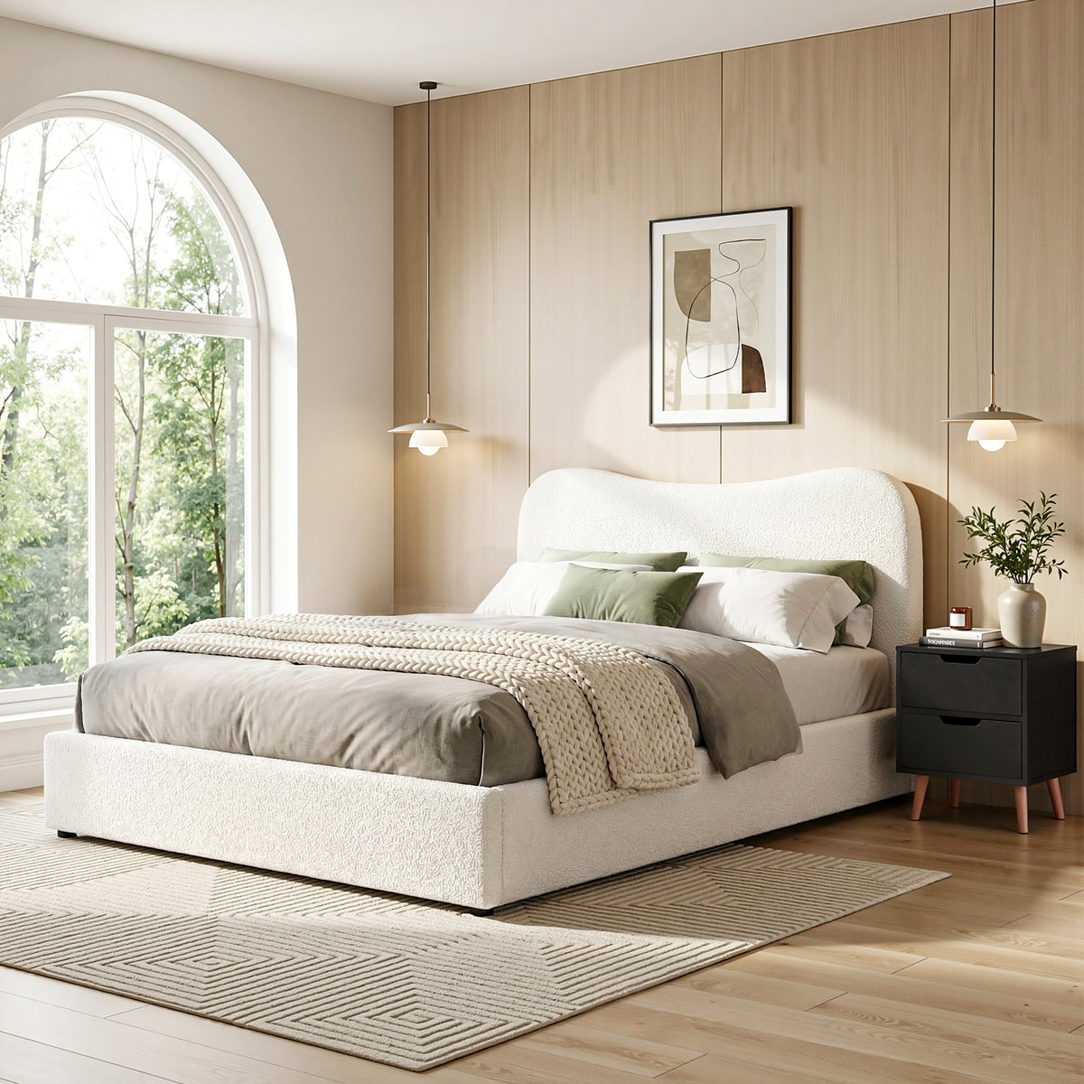 Artiss Double Bed Frame and Bedside Table Set Boucle Beige with Headboard Black Nightstand