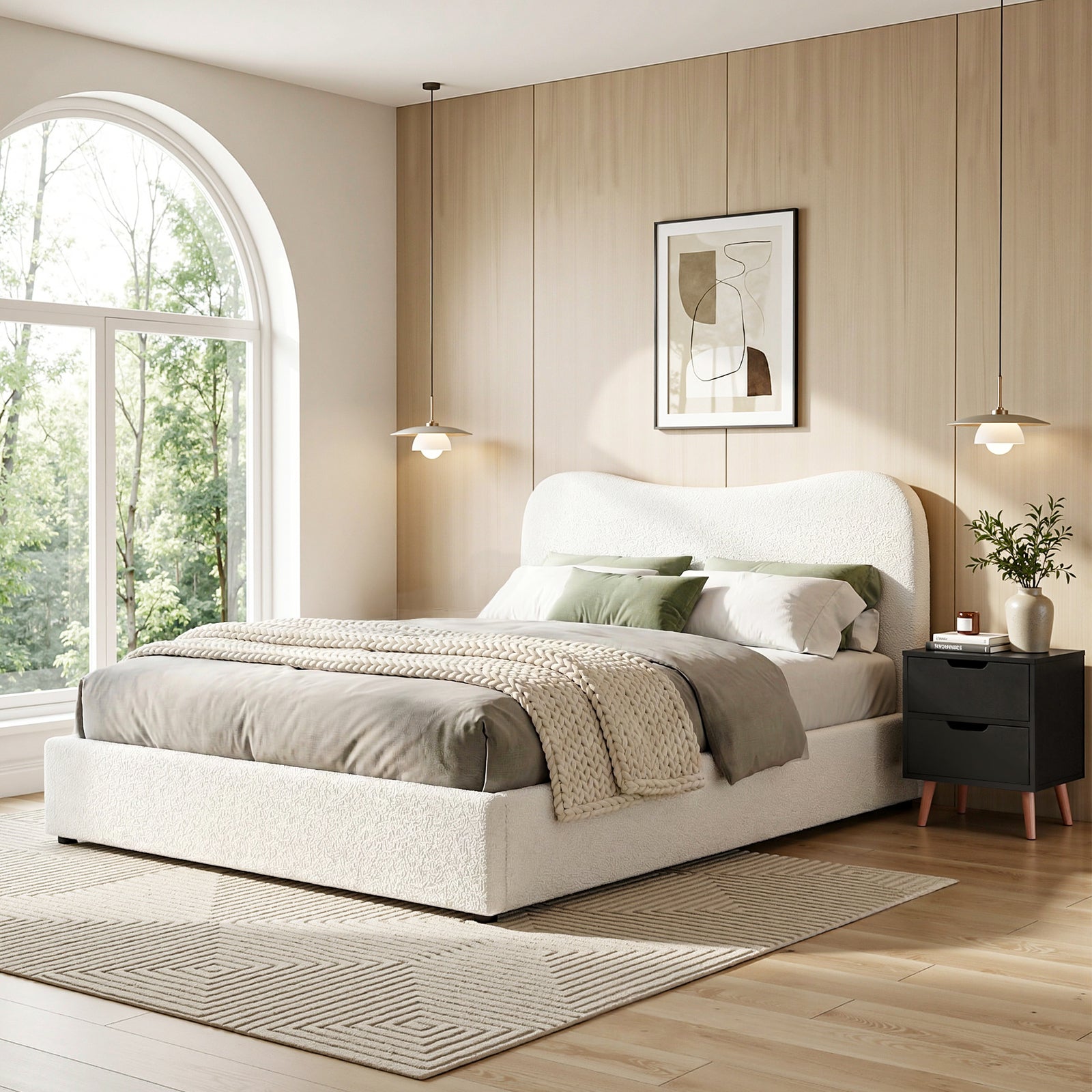 Artiss Double Bed Frame and Bedside Table Set Boucle Beige with Headboard Black Nightstand