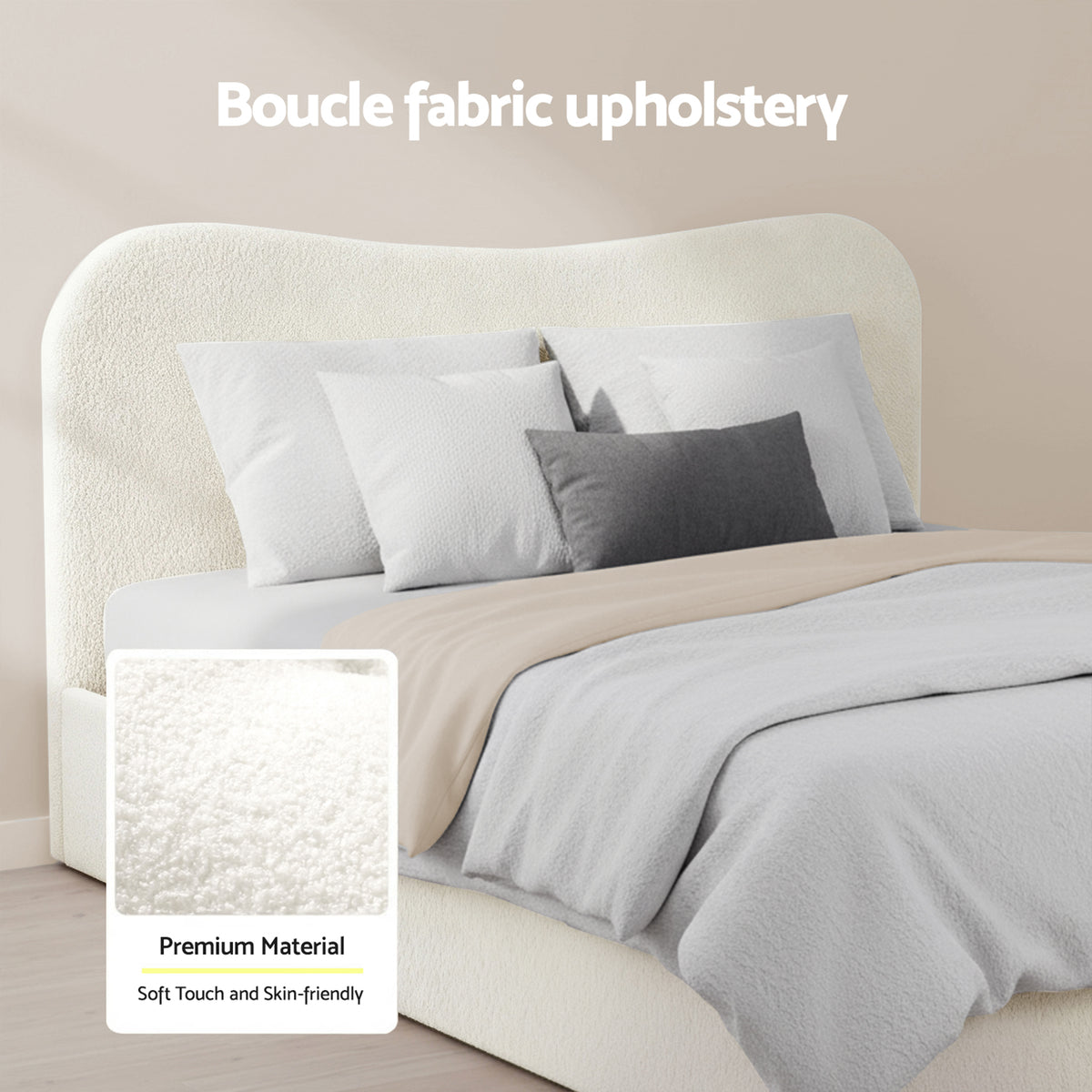 Artiss Double Bed Frame and Bedside Table Set Boucle Beige with Headboard Black Nightstand