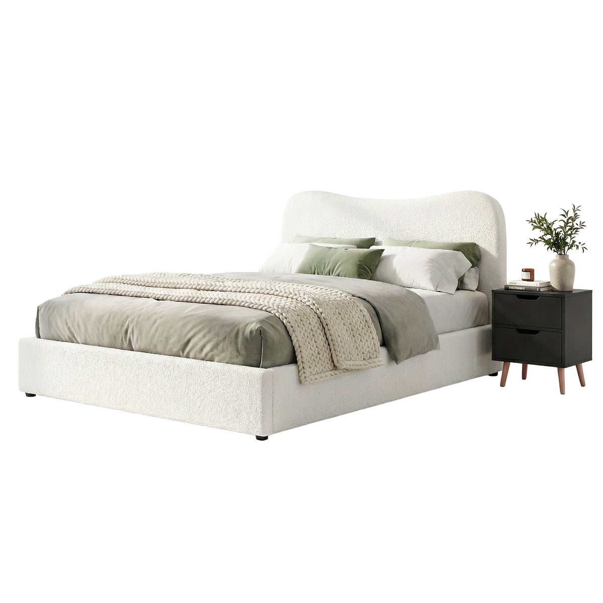 Artiss Double Bed Frame and Bedside Table Set Boucle Beige with Headboard Black Nightstand