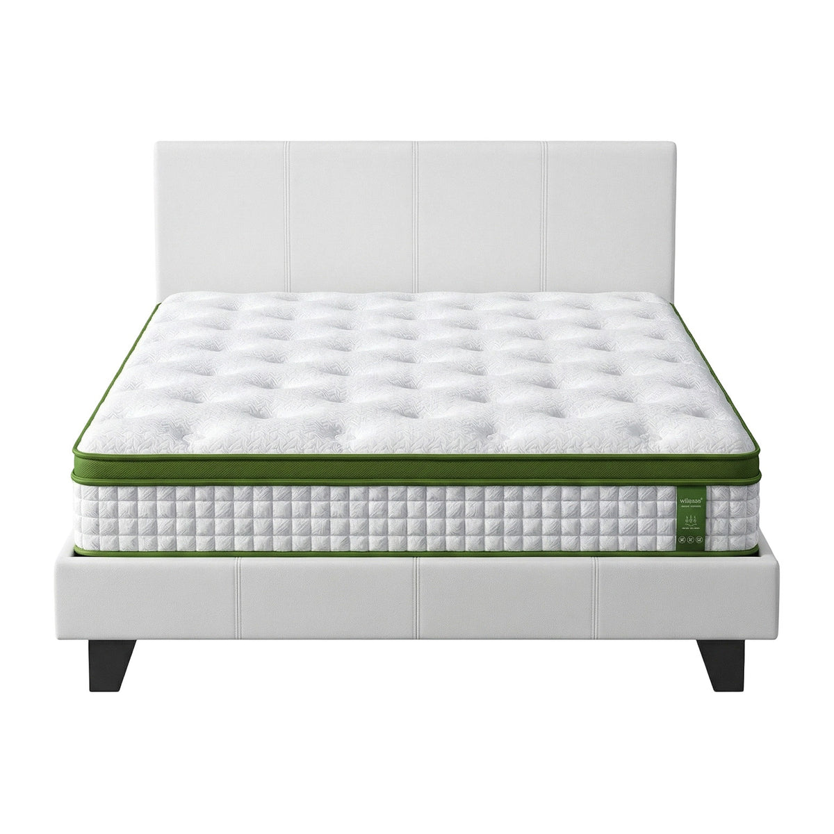 Artiss Double Bed Frame Platform White PVC Leather Hybrid Mattress Modern