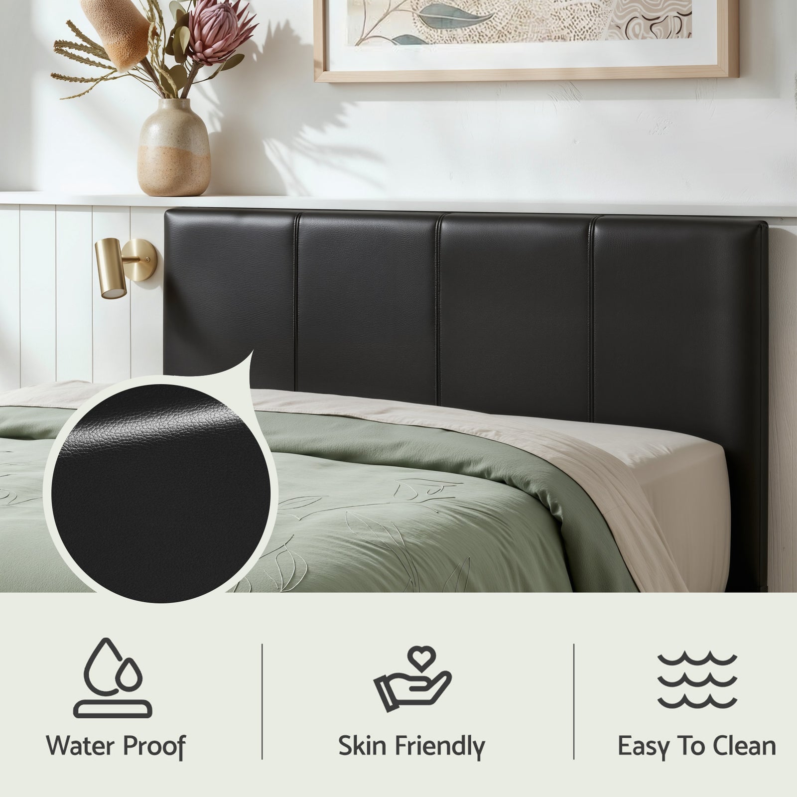Artiss Gas Lift Queen Bed Frame and Bedside Table Set Leather Black