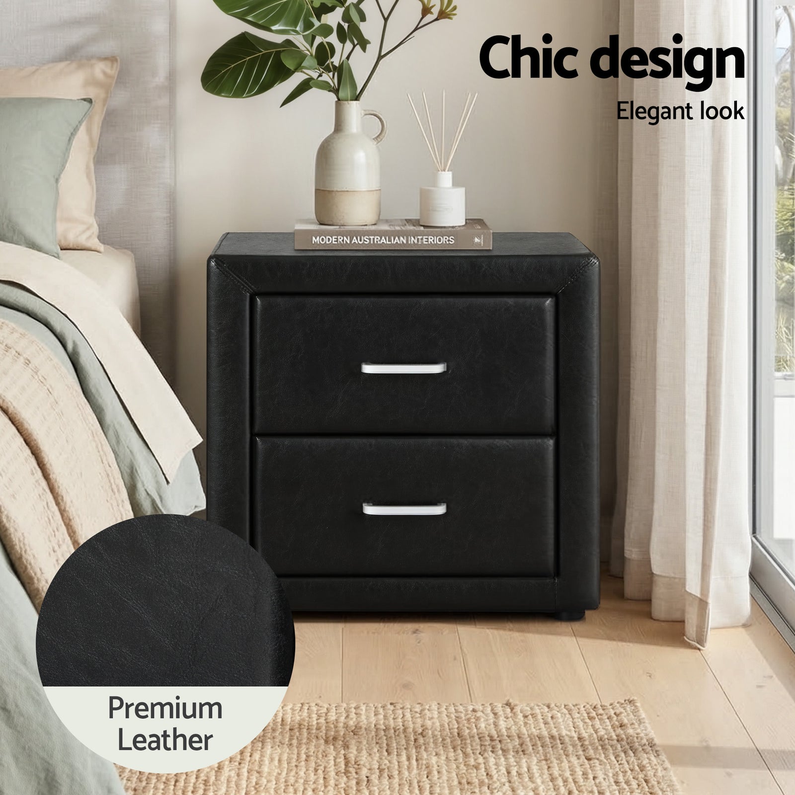 Artiss Gas Lift Queen Bed Frame and Bedside Table Set Leather Black