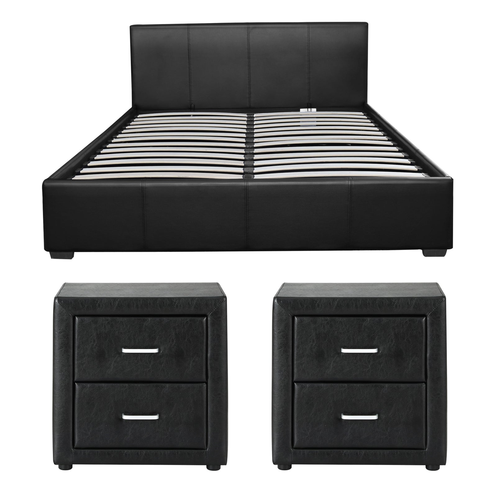 Artiss Gas Lift Queen Bed Frame and 2 Bedside Table Set Leather Black