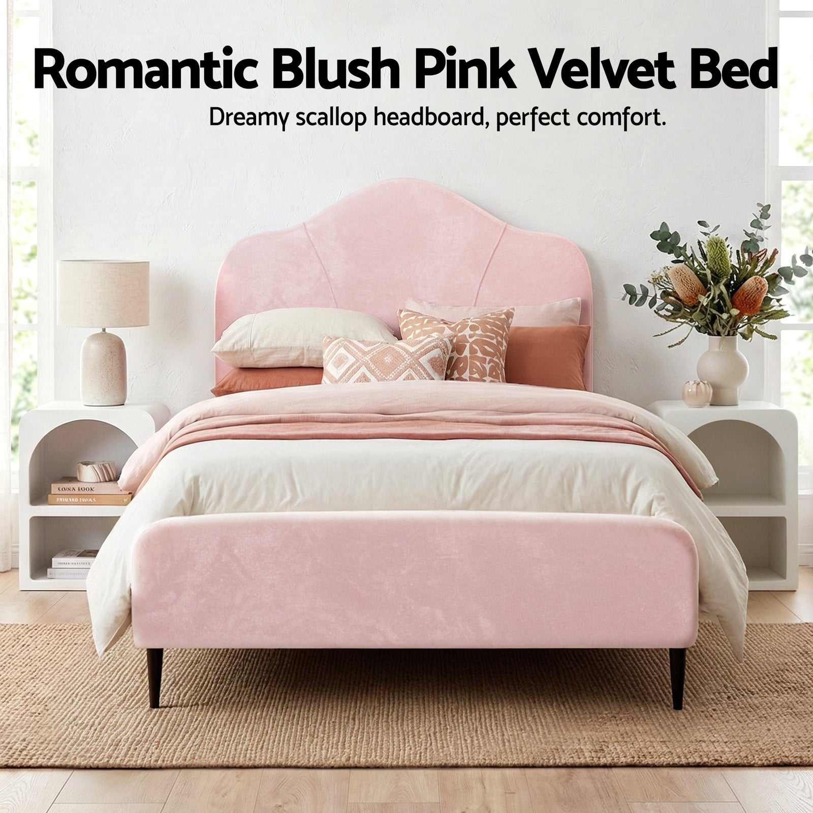 Artiss King Single Storage Bed Frame Velvet with Bedside Table Pink