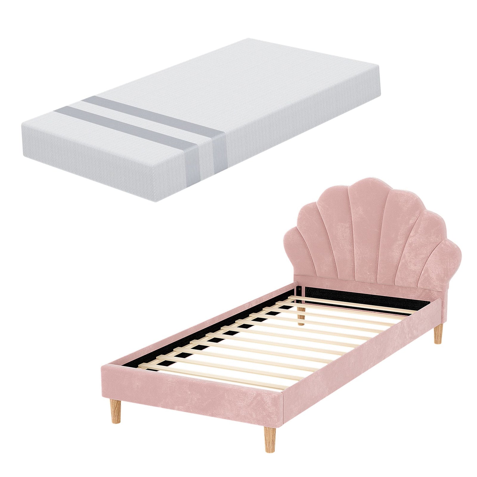 Artiss King Single Bed Frame BedStory Mattress Set Pink Velvet Scallop Bedhead with 20cm Mattress