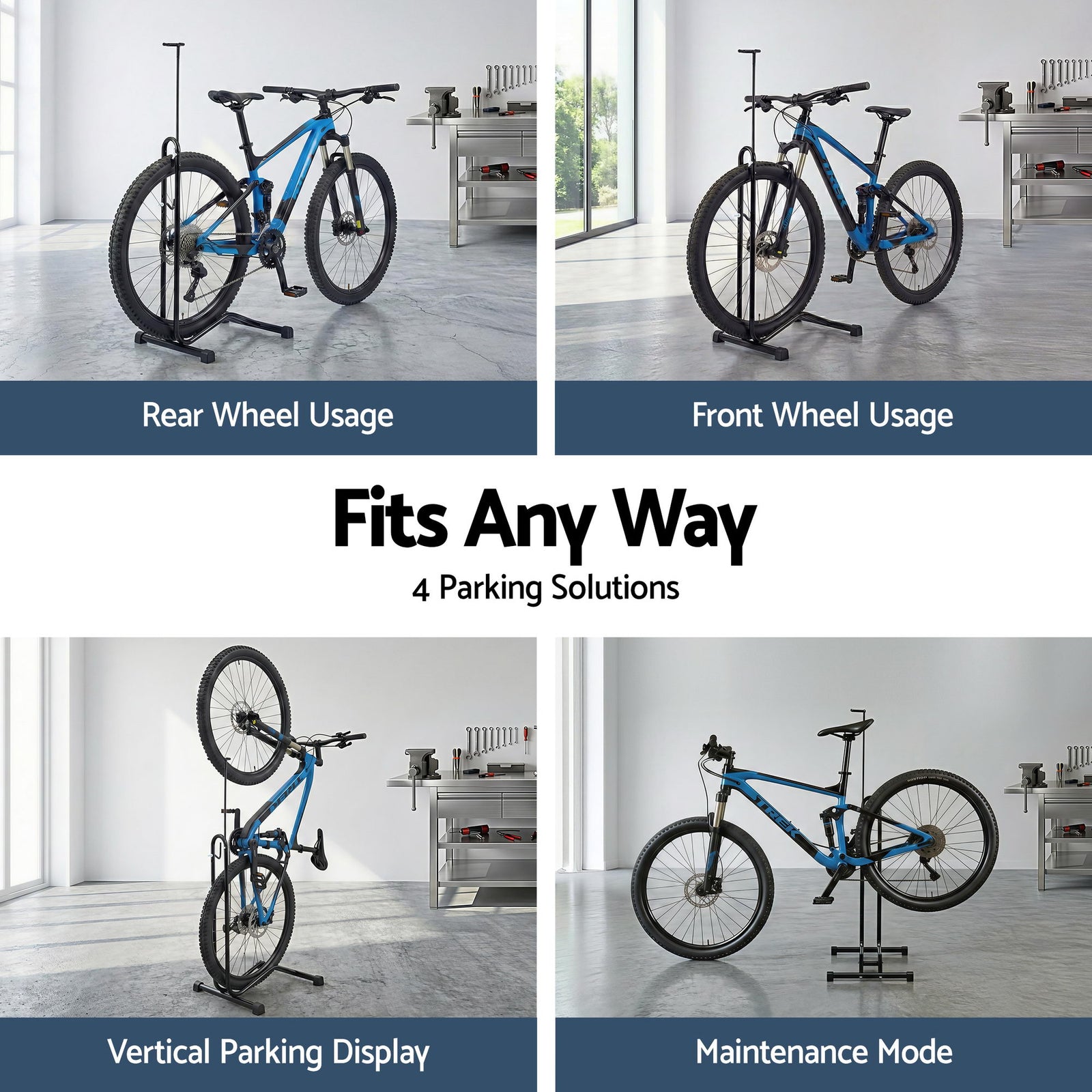 Weisshorn 4-in-1 Bike Parking Stand Vertical Floor Storage Rack for 24"-27.5" Bicycles, Adjustable Height Repair Maintenance Stand, Stable Indoor Garage Space Saver with Non-slip Rubber Feet