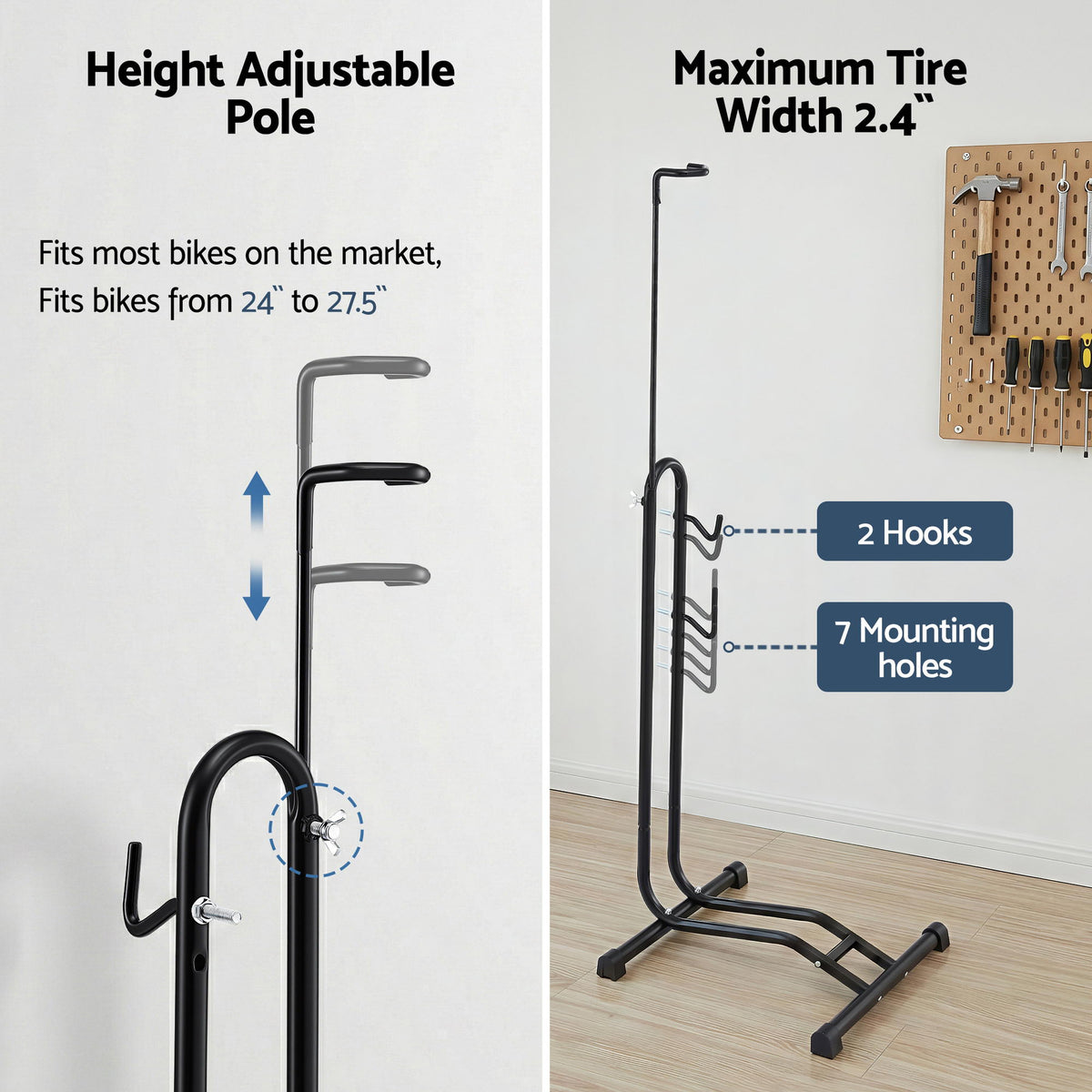 Weisshorn 4-in-1 Bike Parking Stand Vertical Floor Storage Rack for 24"-27.5" Bicycles, Adjustable Height Repair Maintenance Stand, Stable Indoor Garage Space Saver with Non-slip Rubber Feet