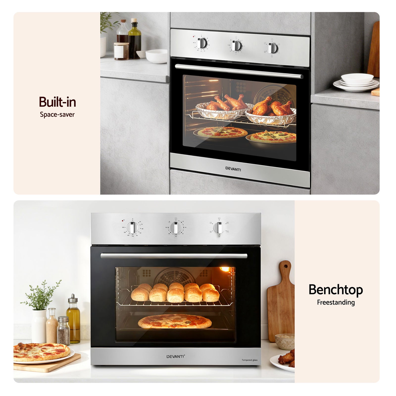 Devanti 60cm Electric Built In Wall Oven Stainless Steel 70L Silver