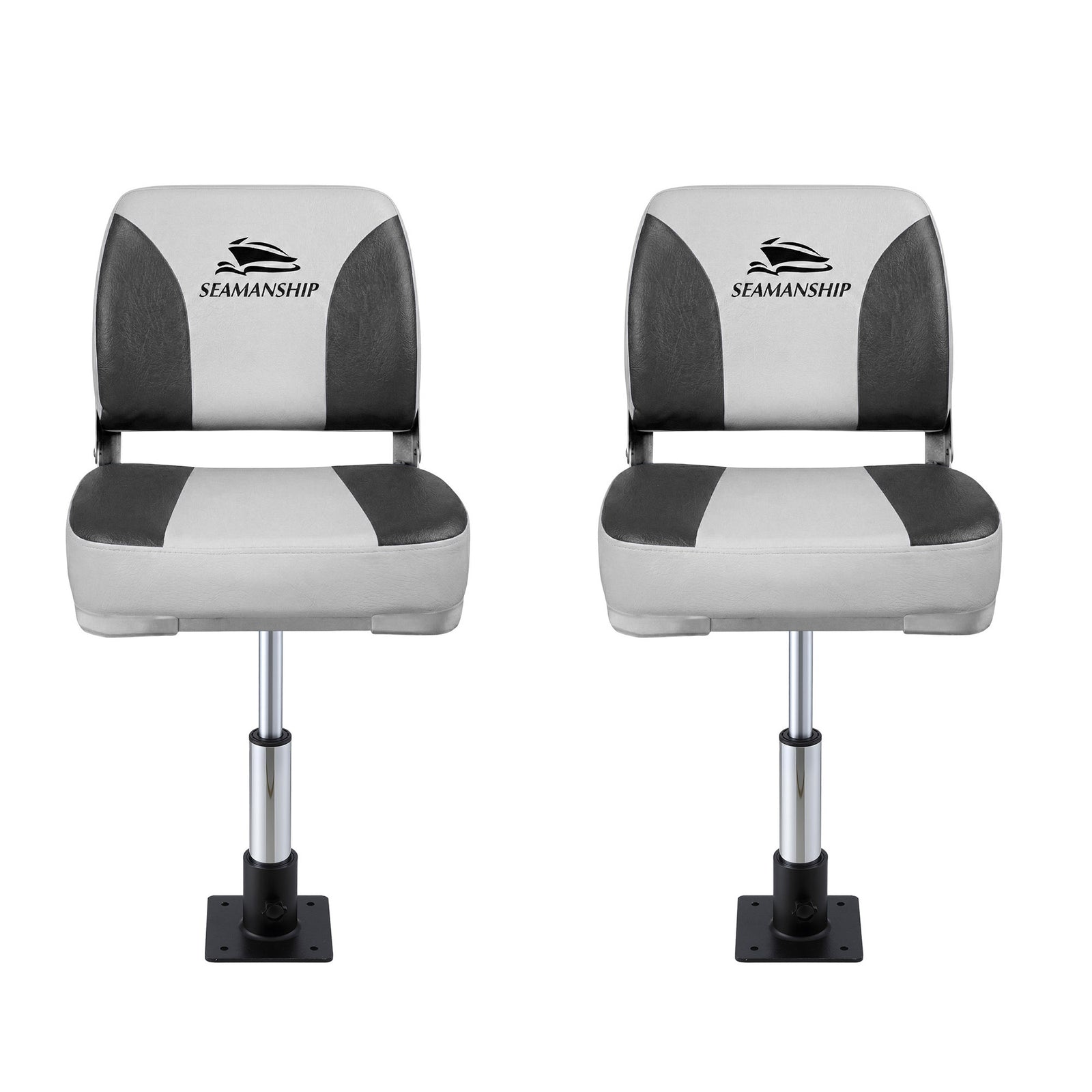 Seamanship 2X Folding Boat Seats with 2X Adjustable Pedestals 34–46cm Marine Swivel Low Back 13cm Padding Charcoal