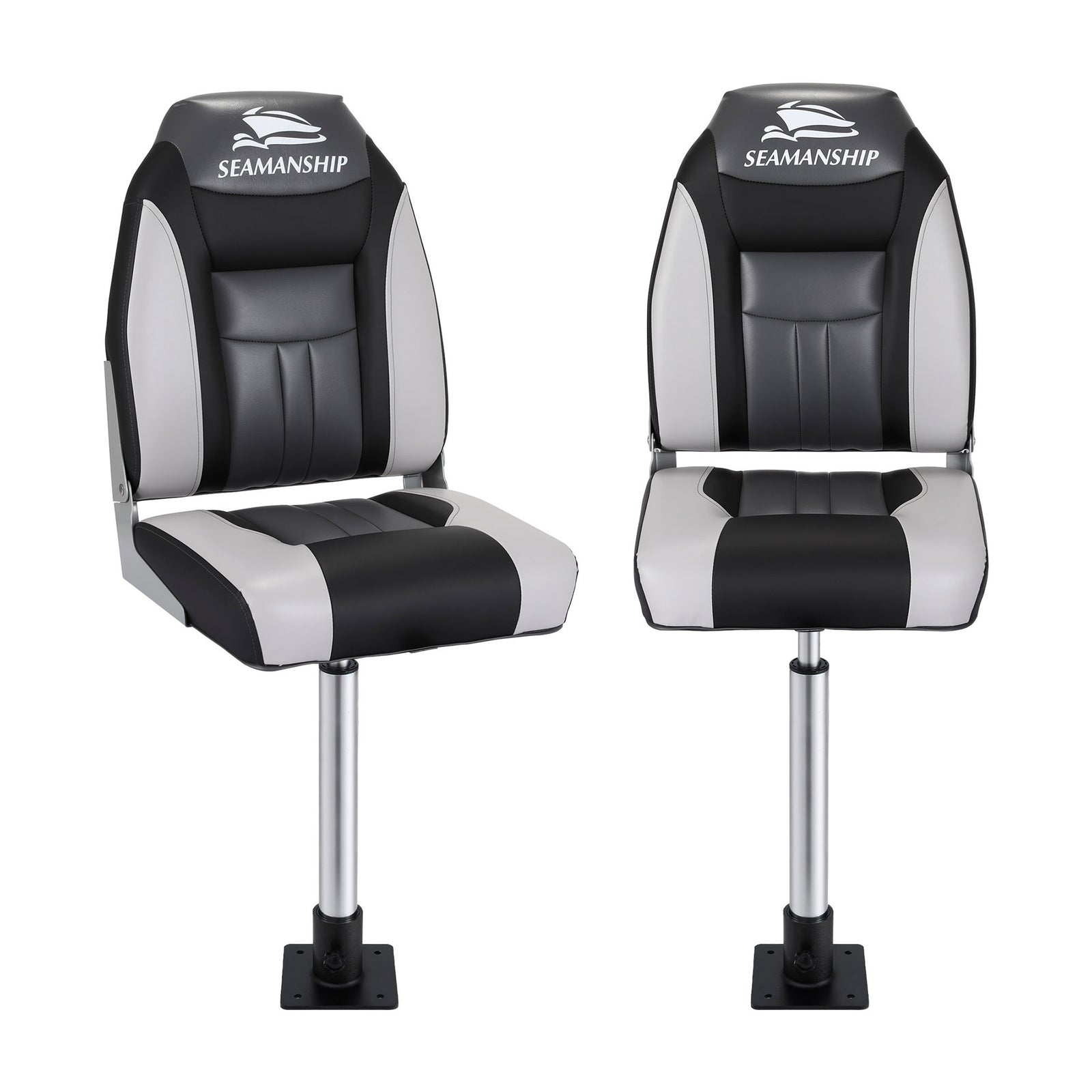 Seamanship 2X Folding Boat Seats with 2X Adjustable Pedestals 55–75cm Marine Seat Swivel High Back 12cm Padding Black