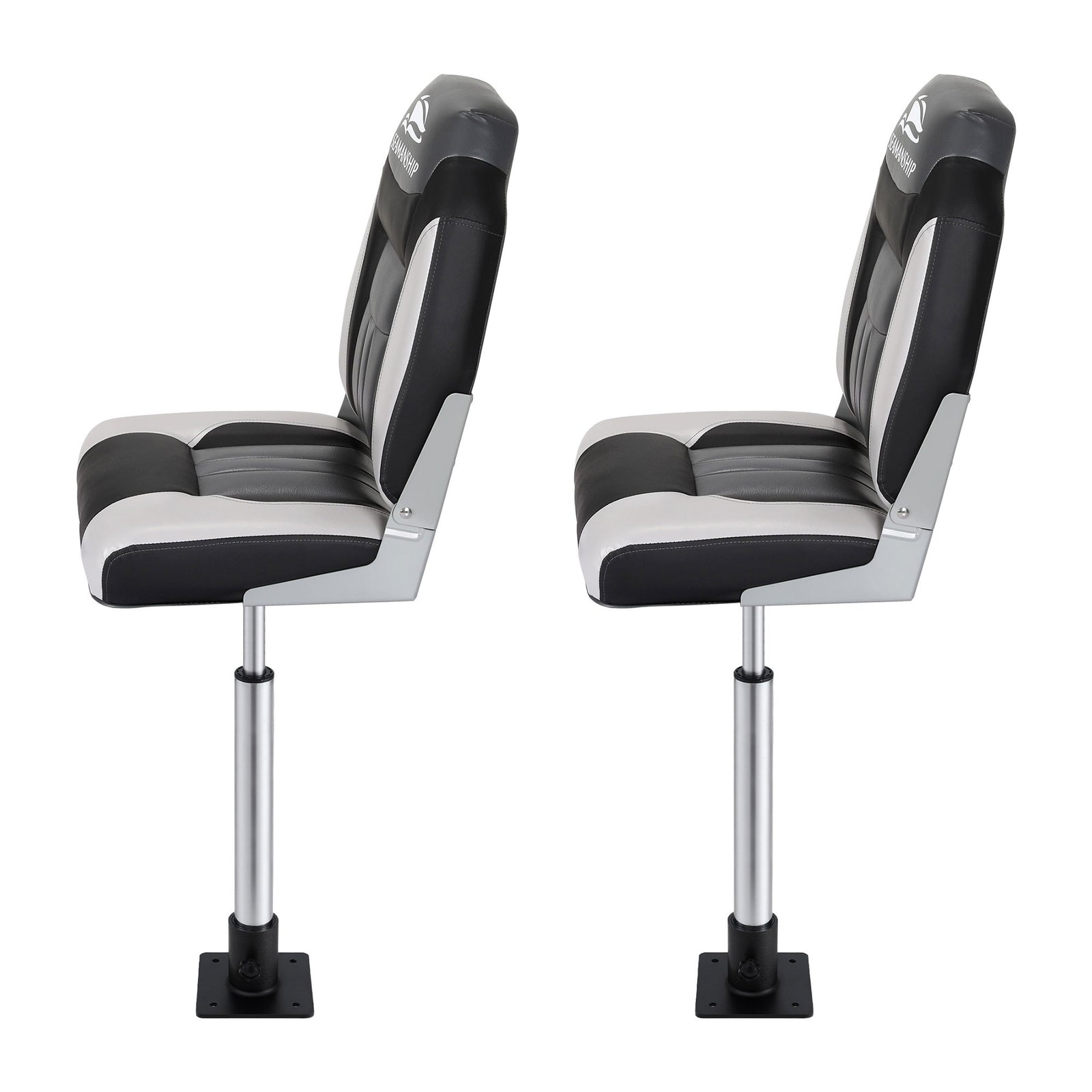 Seamanship 2X Folding Boat Seats with 2X Adjustable Pedestals 55–75cm Marine Seat Swivel High Back 12cm Padding Black