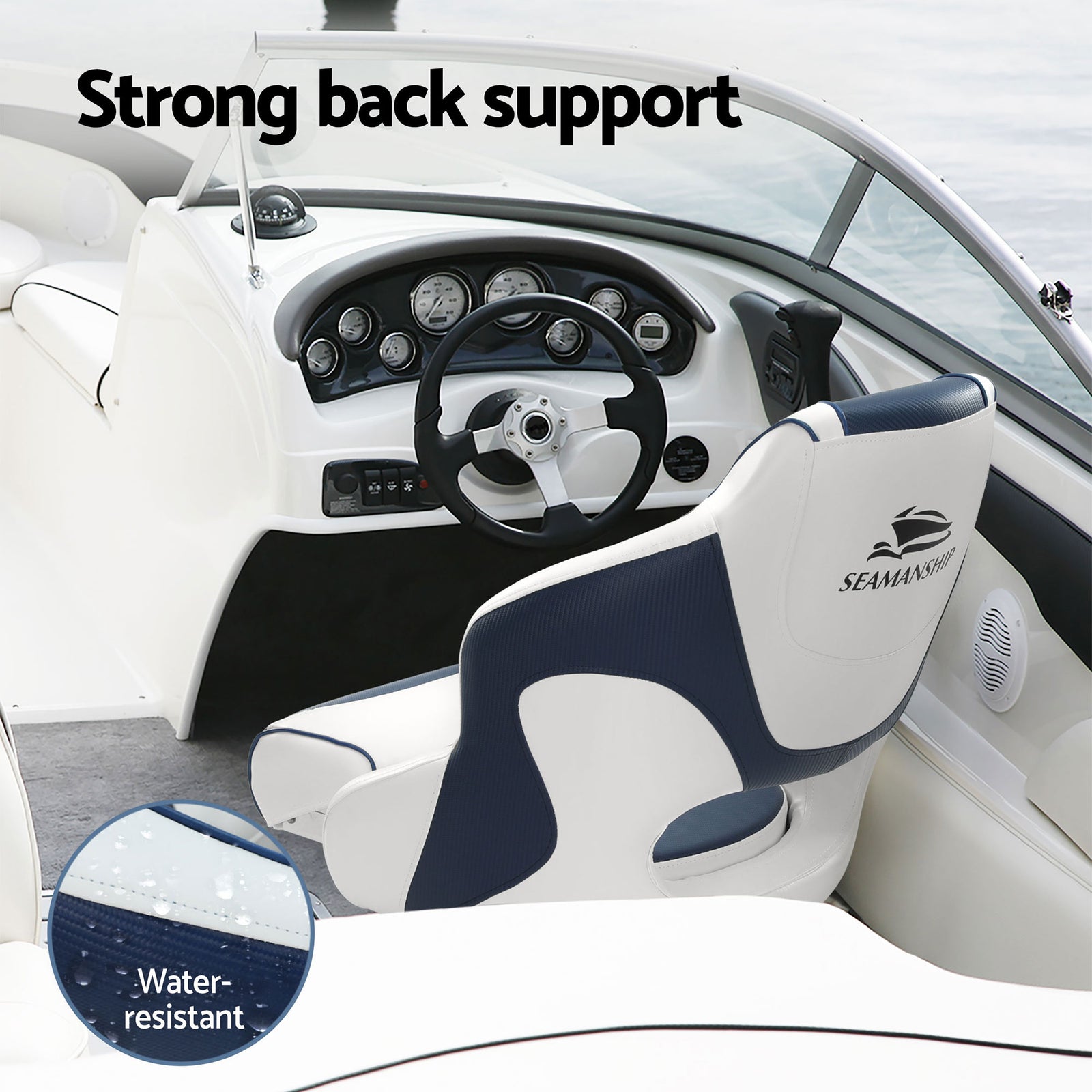 Seamanship Captain Bucket Boat Seats Flip Up Bolster Swivel 15cm Padding with Adjustable Pedestals 34–46cm Blue